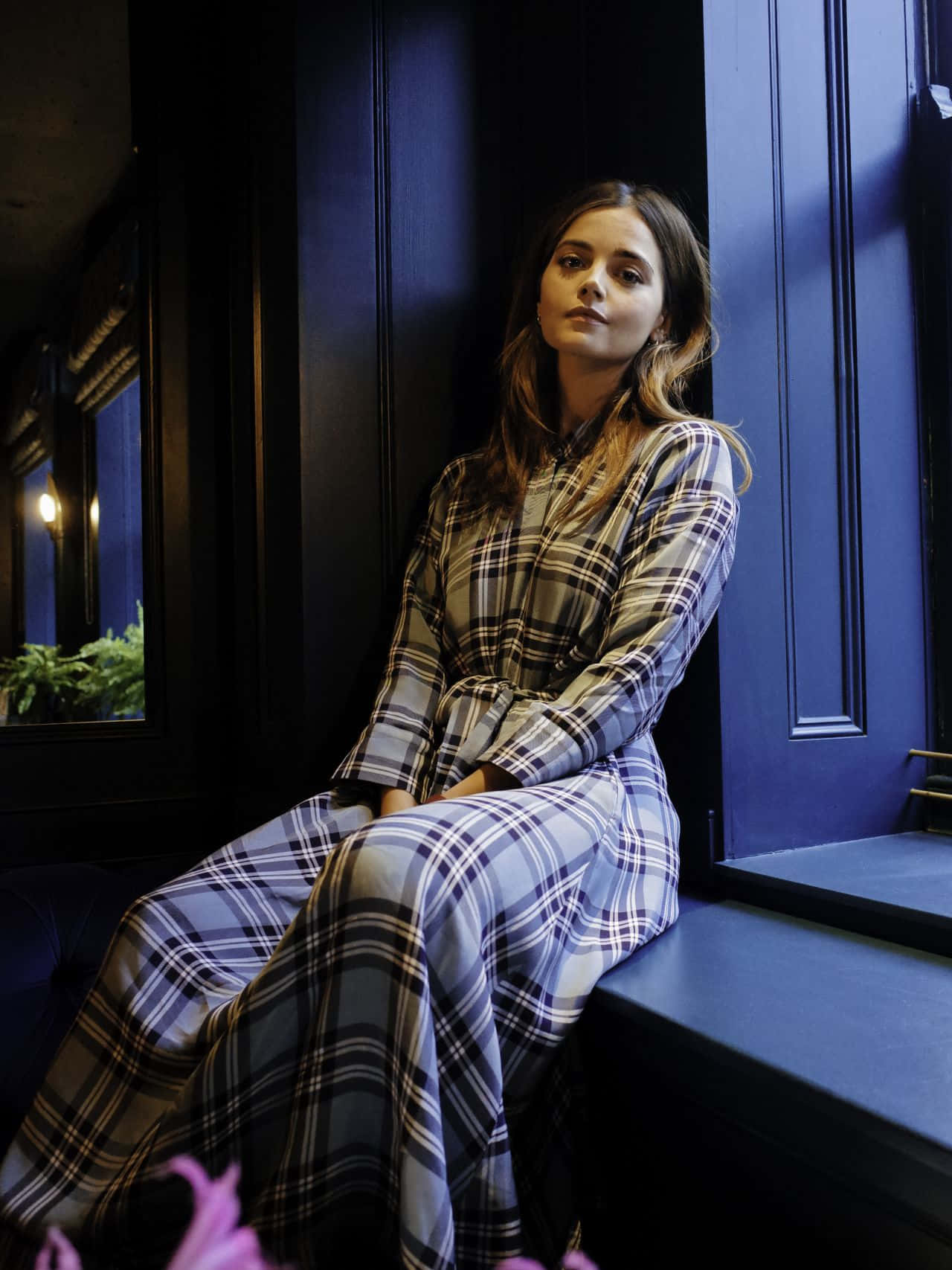 Jenna Coleman, plaid dress, blue windowsill, HD Phone Wallpaper