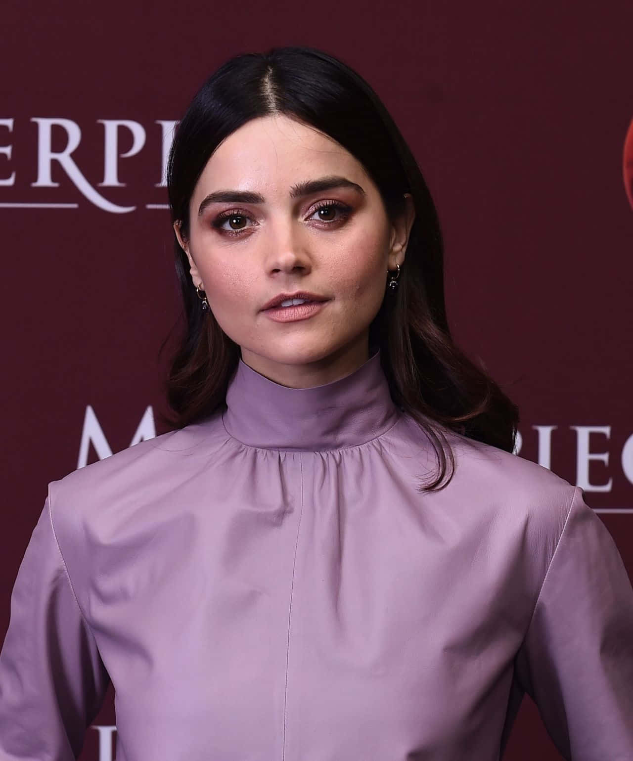 Jenna Coleman, lavender high-neck blouse, maroon branded backdrop, HD Phone Wallpaper