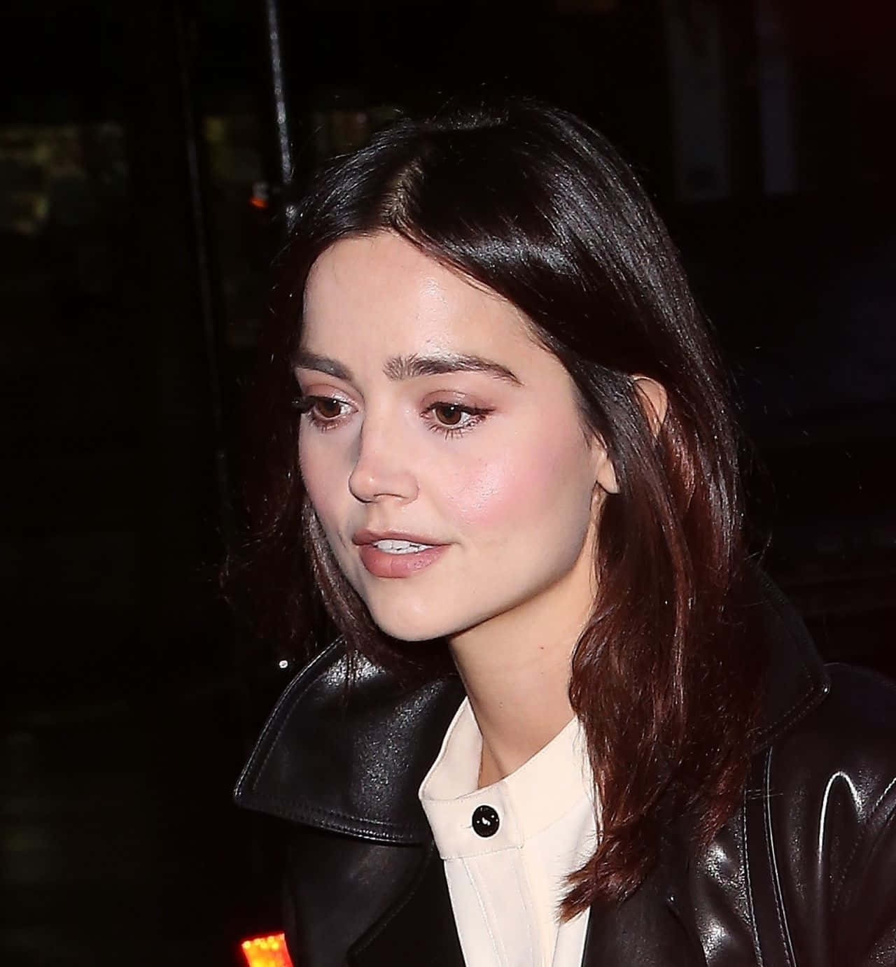 Jenna Coleman, black leather jacket, white shirt, HD Phone Wallpaper