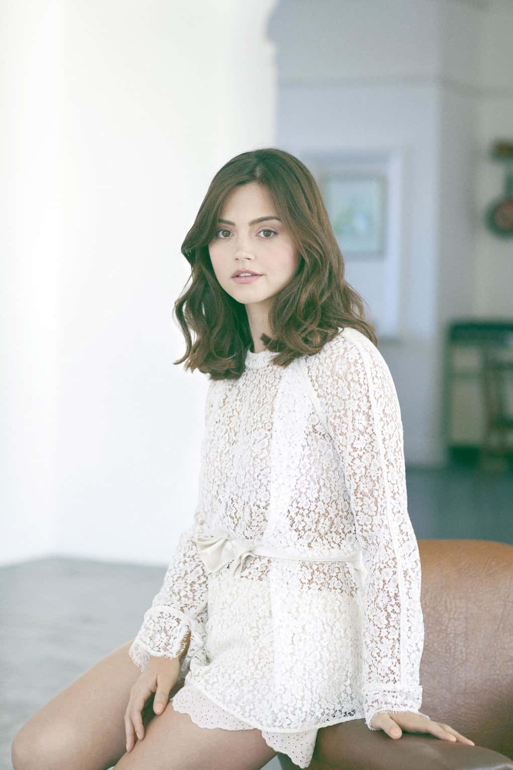Jenna Coleman, white lace dress, leather chair, HD Phone Wallpaper