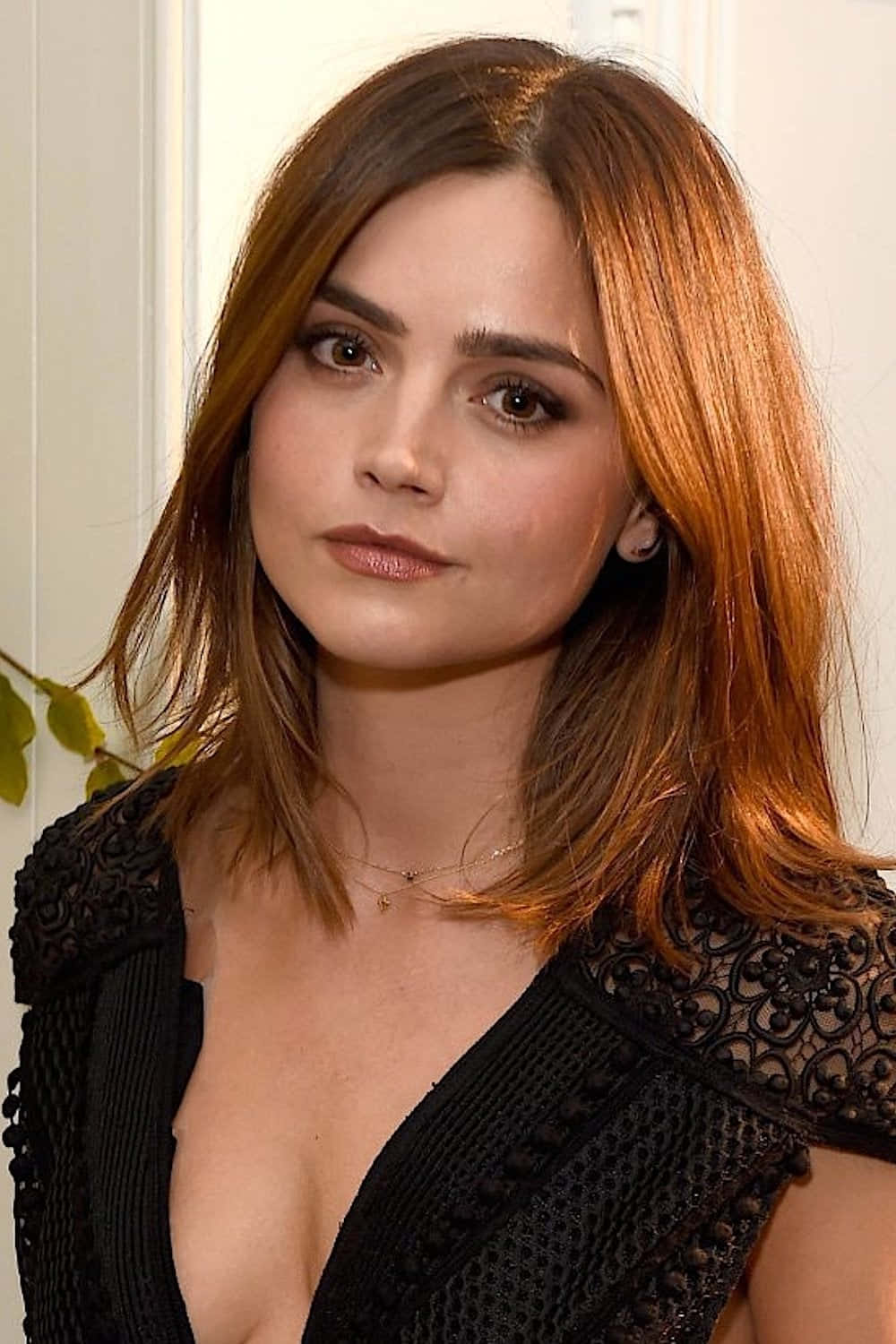 Jenna Coleman, black lace top, warm brown hair, HD Phone Wallpaper