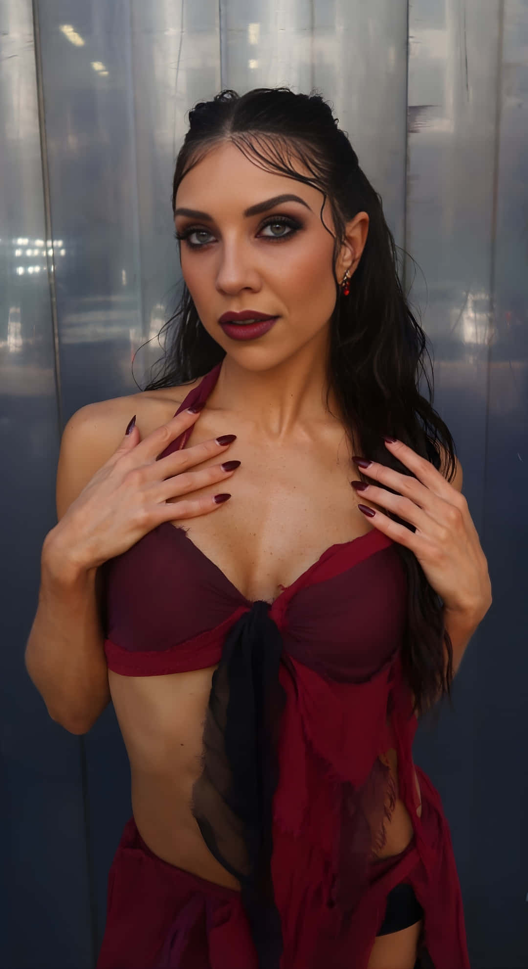 Jenna Johnson, deep red sheer top, translucent curtain backdrop, Full HD Phone Wallpaper
