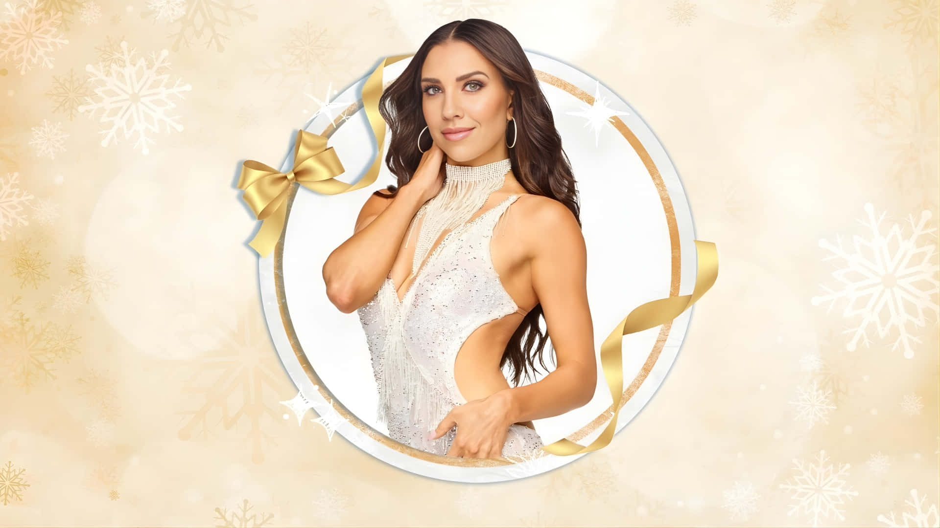 Jenna Johnson, sparkling white dress, gold ribbon adorned circular frame, Full HD Desktop Wallpaper