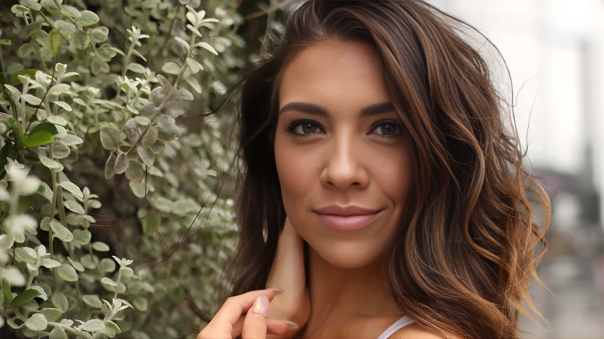 Jenna Johnson, wavy brown hair, lush green foliage, Full HD Desktop Wallpaper