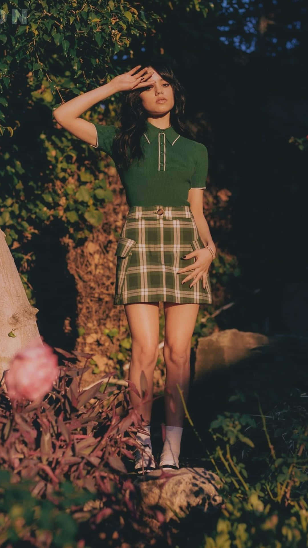 Jenna Ortega, green polo, plaid skirt, Full HD Phone Wallpaper
