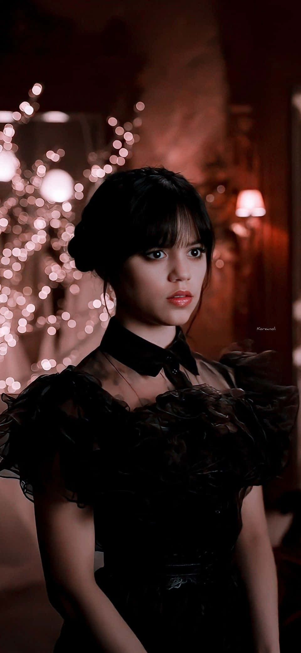 Jenna Ortega, black ruffled dress, dimly lit room, Full HD Phone Wallpaper