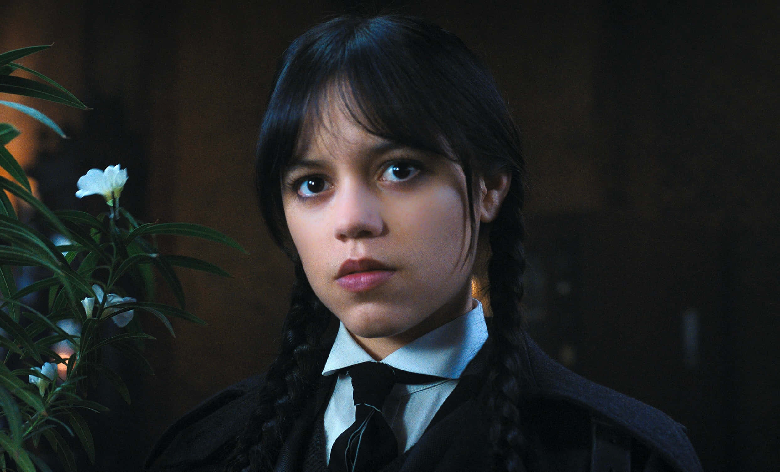 Jenna Ortega, school uniform, dark braids, Full HD Desktop Wallpaper