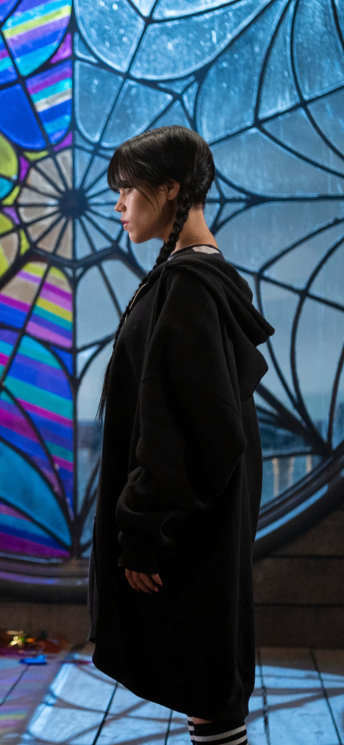 Jenna Ortega, stained glass backdrop, vibrant stained glass window, Full HD Phone Wallpaper