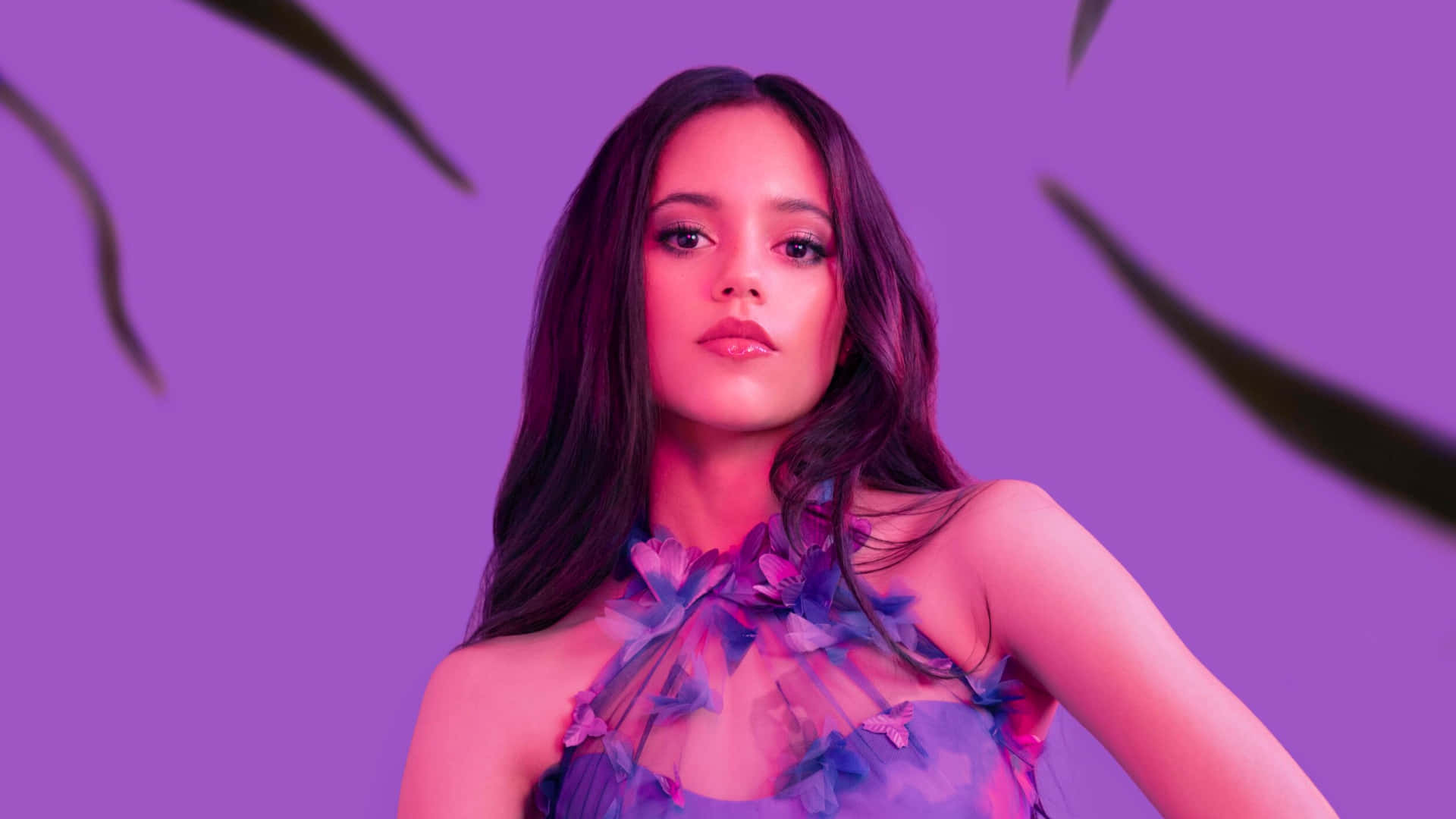Jenna Ortega, purple backdrop, floral purple dress, Full HD Desktop Wallpaper