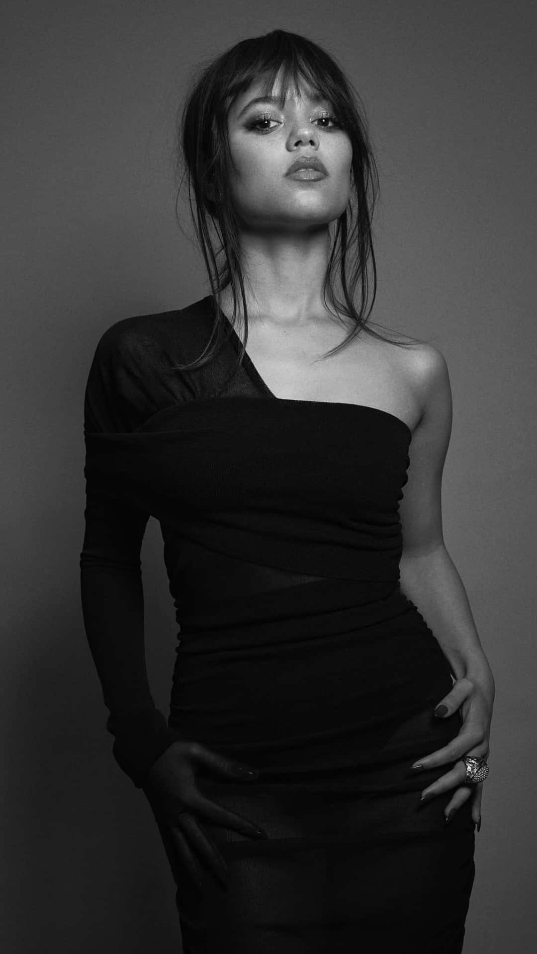 Jenna Ortega, black one-shoulder dress, neutral gray background, Full HD Phone Wallpaper
