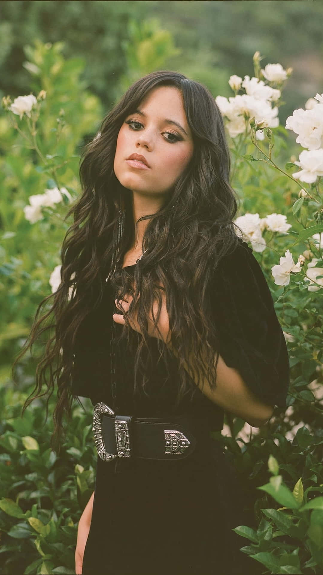 Jenna Ortega, floral backdrop, long dark hair, Full HD Phone Wallpaper