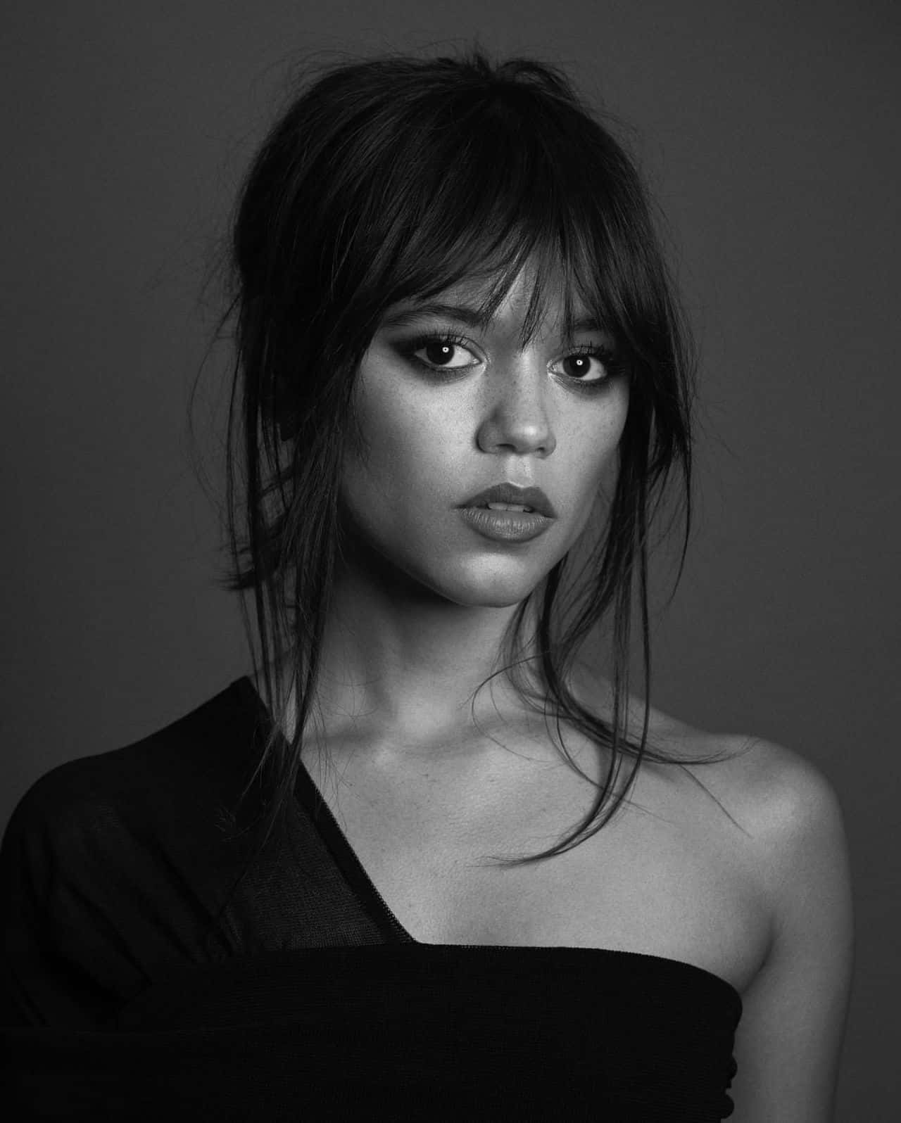 Jenna Ortega, black and white portrait, tousled hair, HD Phone Wallpaper