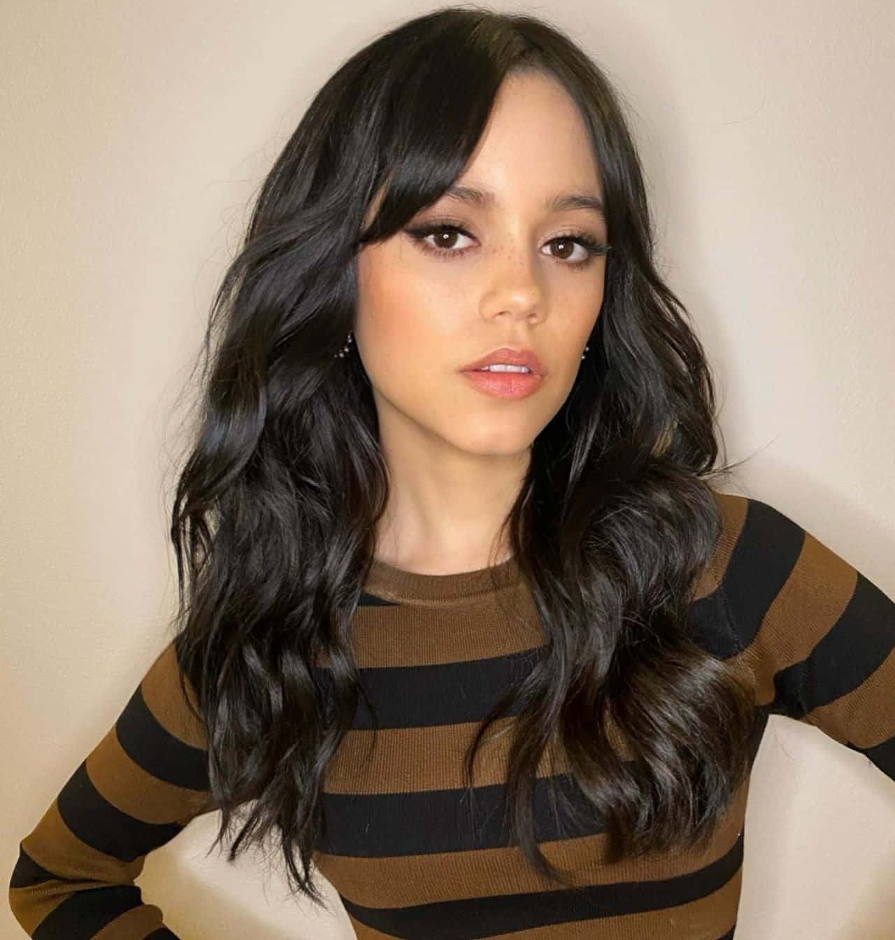 Jenna Ortega, striped top, brown and black striped sweater, HD Phone Wallpaper