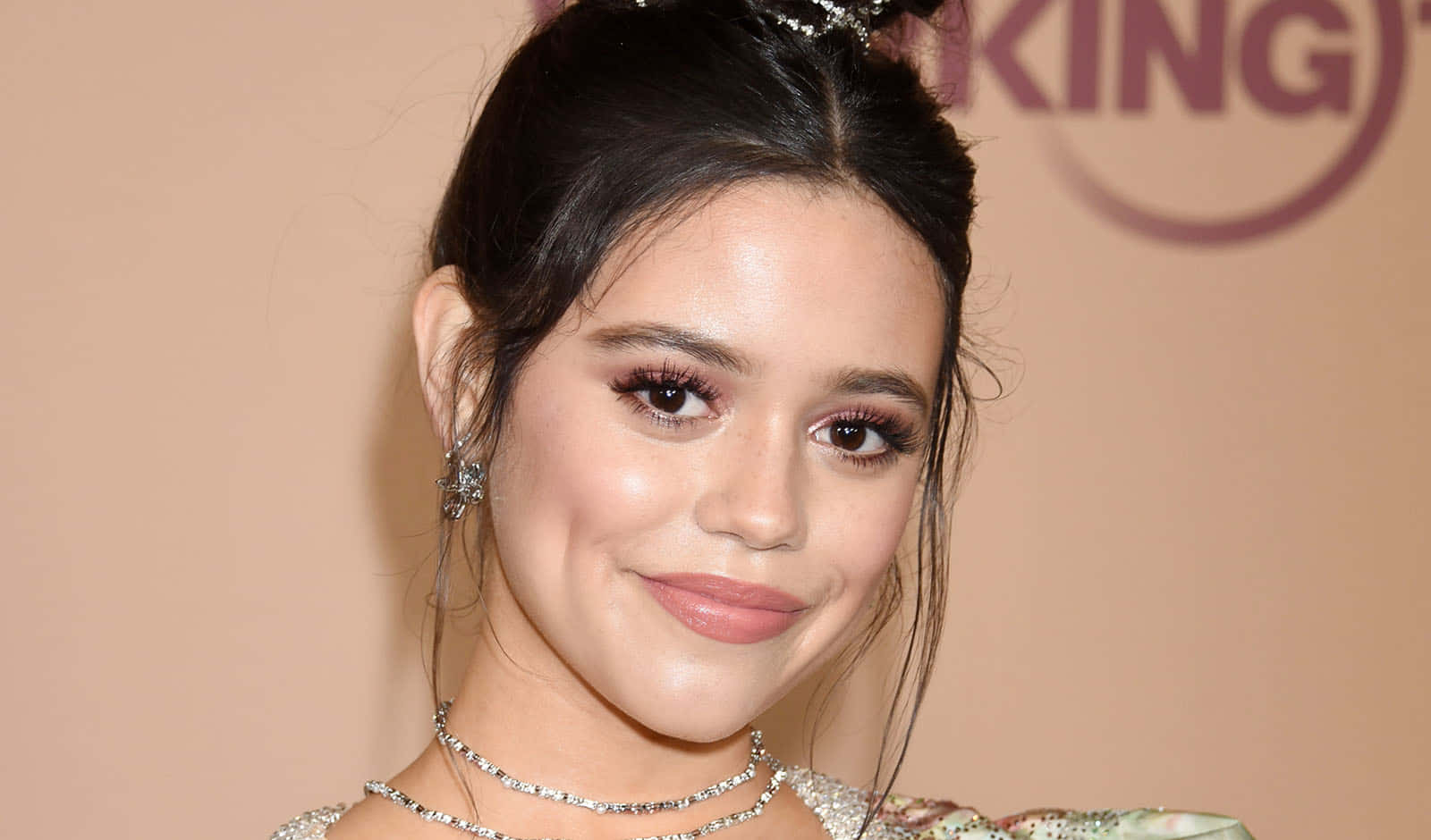 Jenna Ortega, smiling, dark hair styled up, HD Desktop Wallpaper