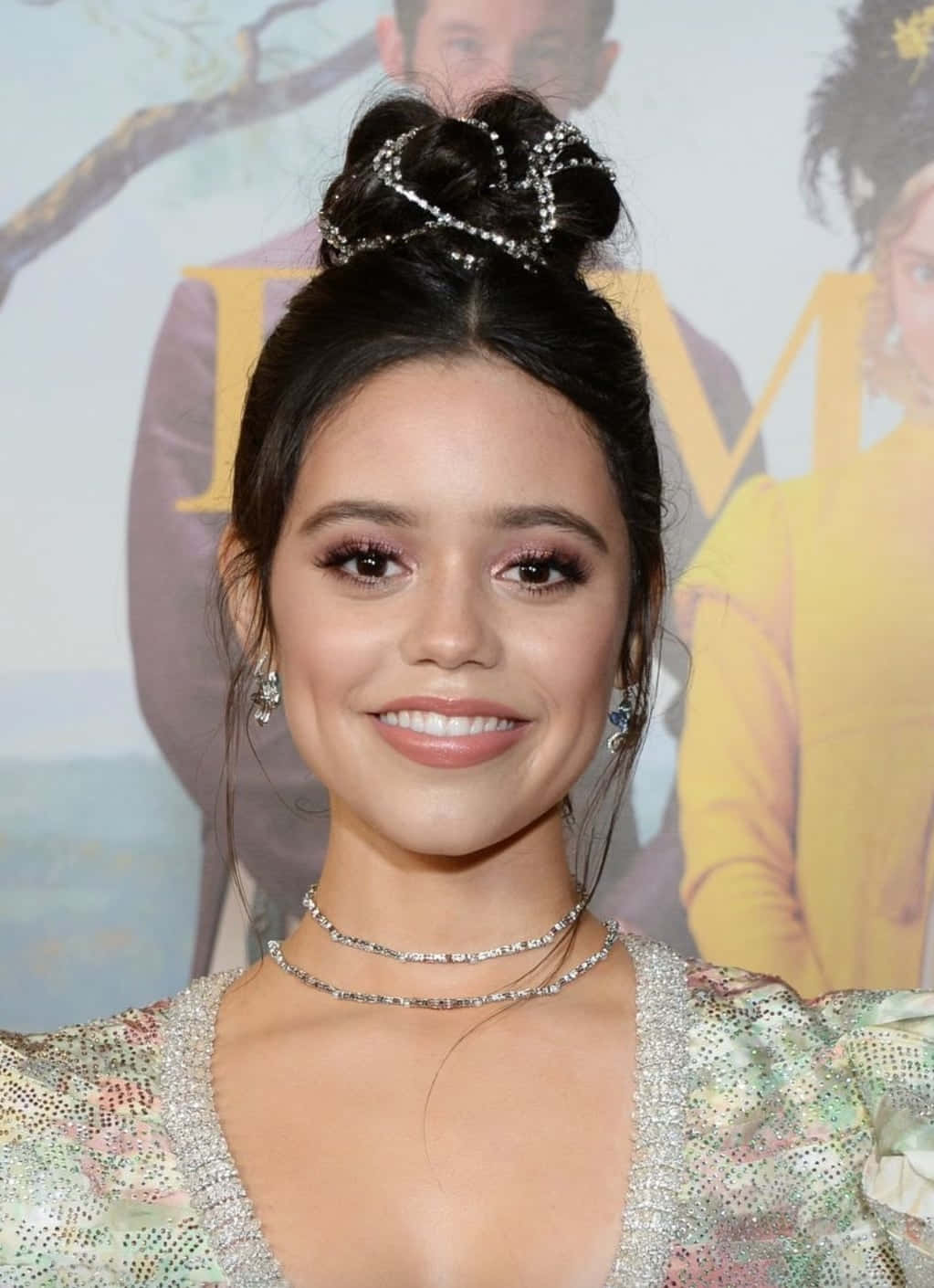Jenna Ortega, jeweled topknot, glittering floral dress, HD Phone Wallpaper