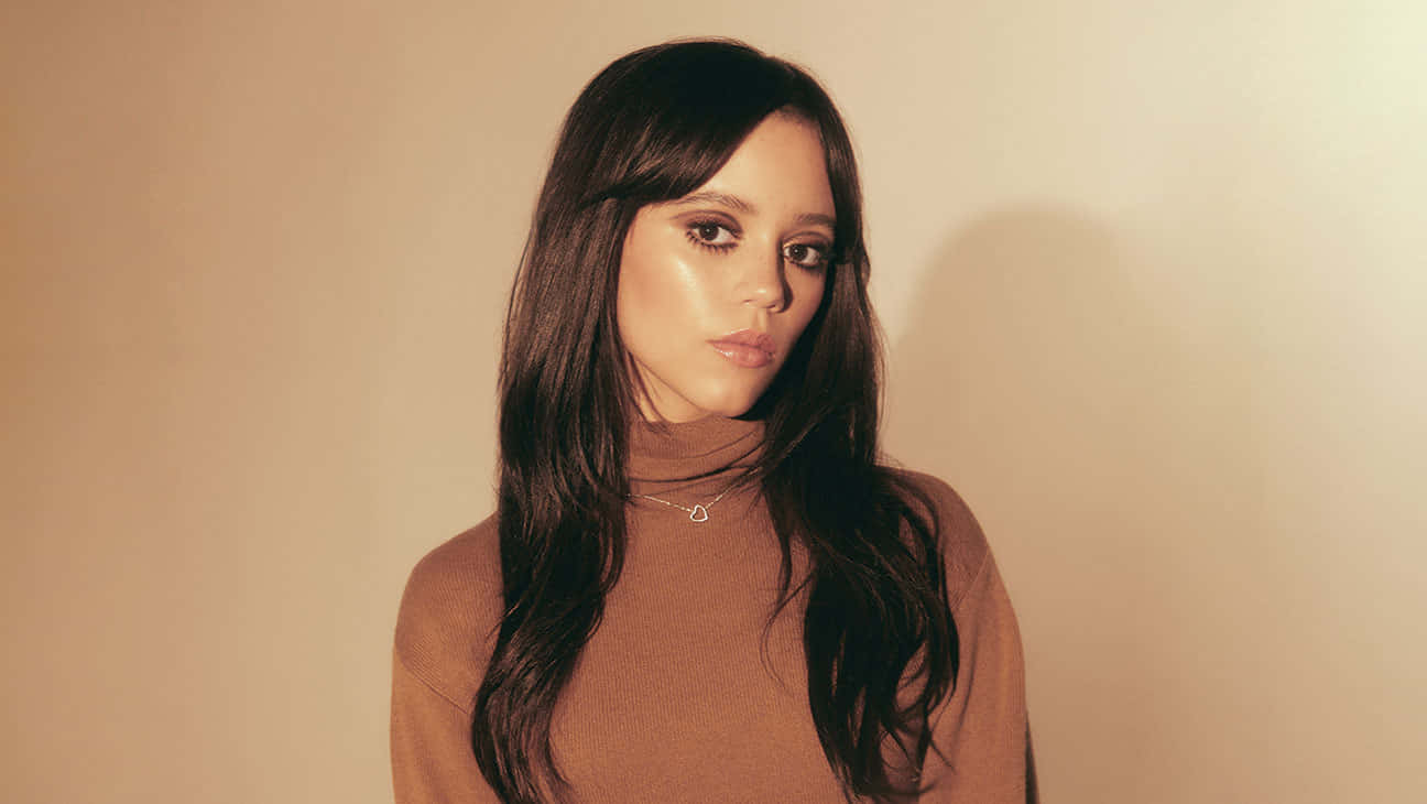 Jenna Ortega, brown turtleneck, warm beige wall, HD Desktop Wallpaper