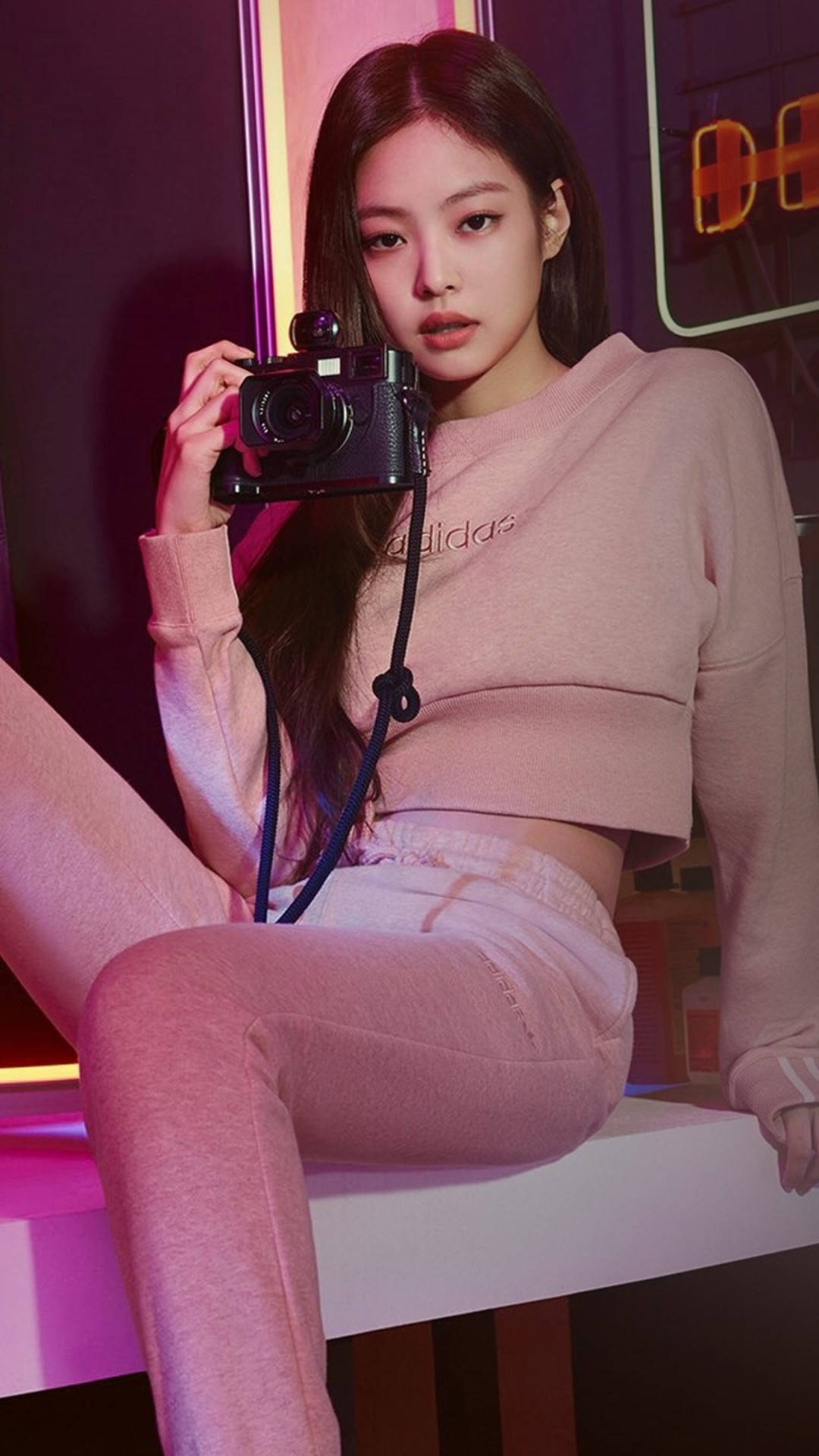 Jennie Kim, adidas loungewear, pink, Full HD Phone Wallpaper