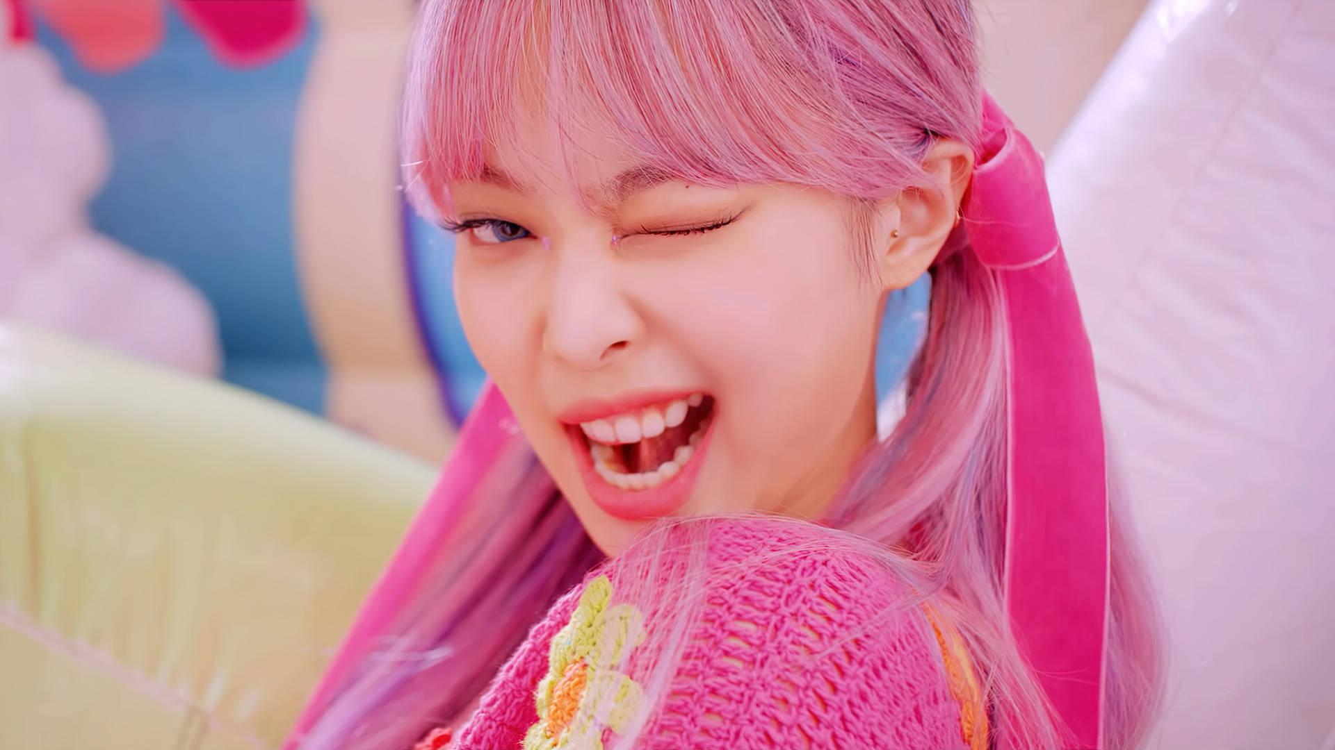 Jennie Kim, vibrant pink hair, bright pink knitted top, Full HD Desktop Wallpaper