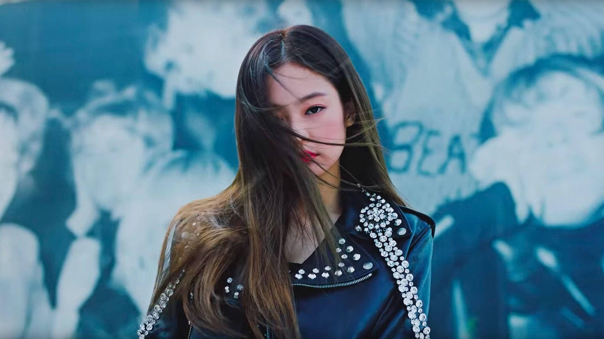 Jennie Kim, studded black leather jacket, blue-toned graffiti wall, Full HD Desktop Wallpaper