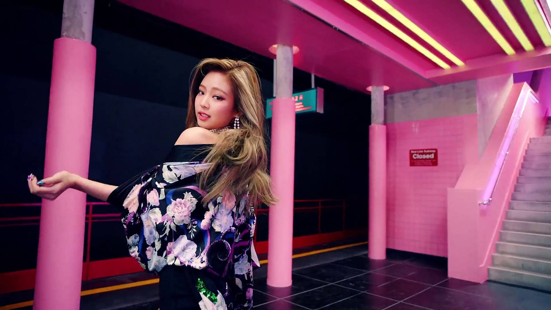 Jennie Kim, floral kimono, neon pink subway station, Full HD Desktop Wallpaper