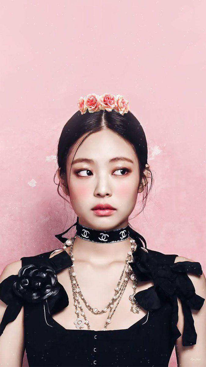 Jennie Kim, floral crown, black Chanel accessories, SD Phone Wallpaper