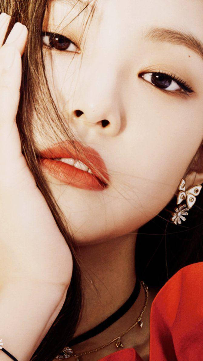 Jennie Kim, dark hair, red lipstick, SD Phone Wallpaper