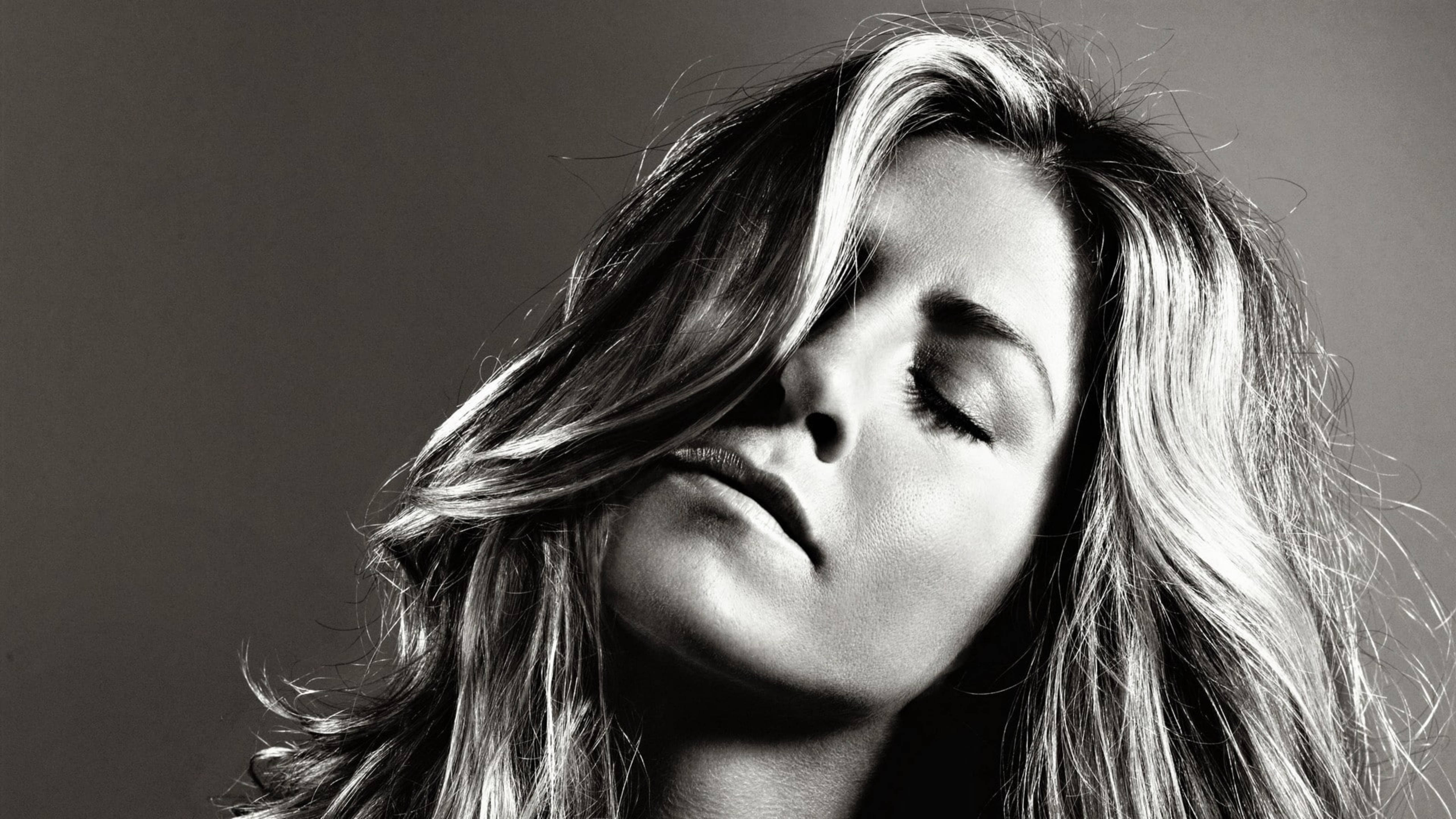 monochrome, Jennifer Aniston, eyes closed, 5K Desktop Wallpaper