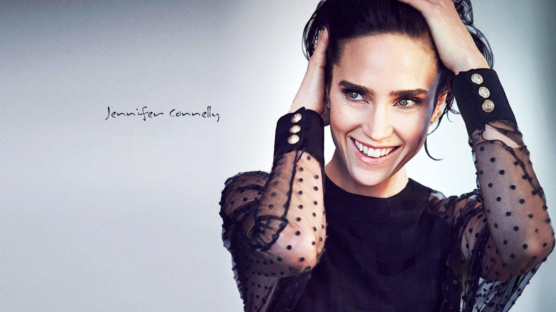 Jennifer Connelly, black polka-dot sheer-sleeve top, dark hair, Full HD Desktop Wallpaper