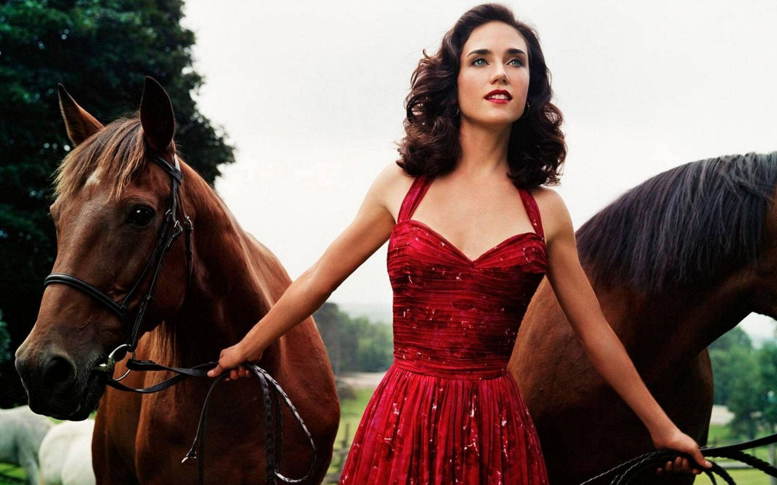 Jennifer Connelly, shimmering red dress, horses, 2K Desktop Wallpaper