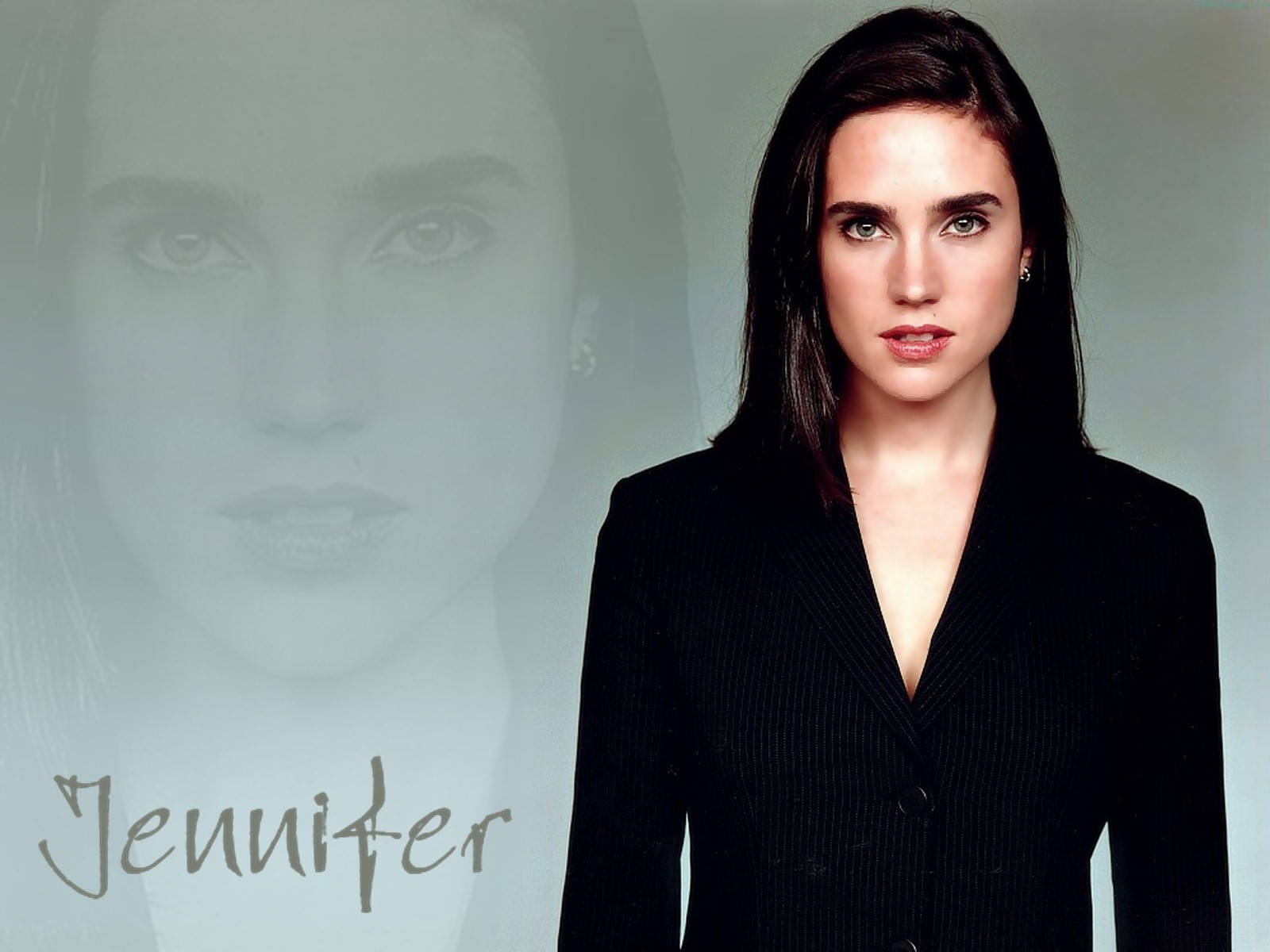 Jennifer Connelly, black pinstripe blazer, faintly blurred duplicate face, HD Desktop Wallpaper
