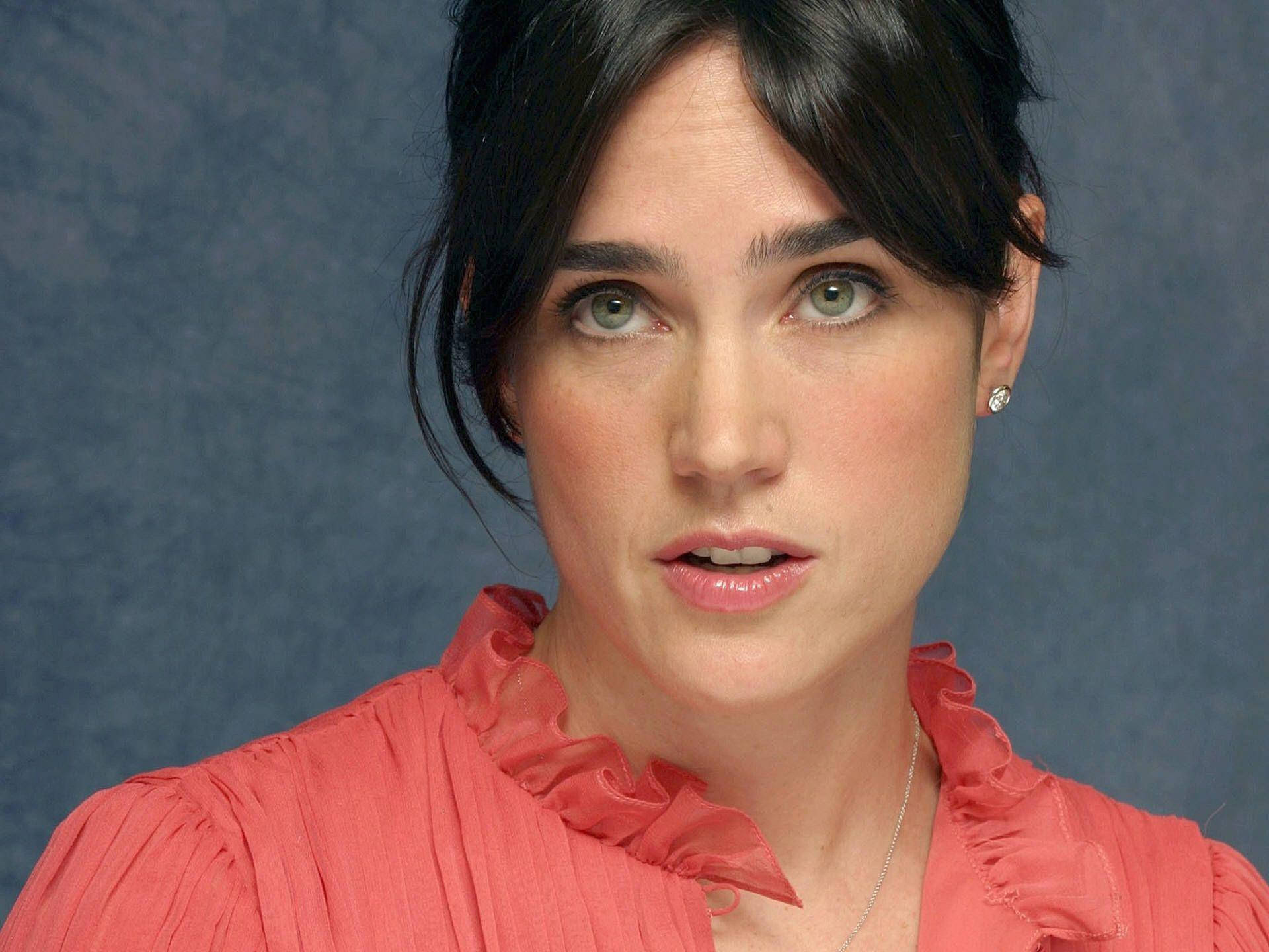 Jennifer Connelly, coral ruffled blouse, textured blue background, Full HD Desktop Wallpaper
