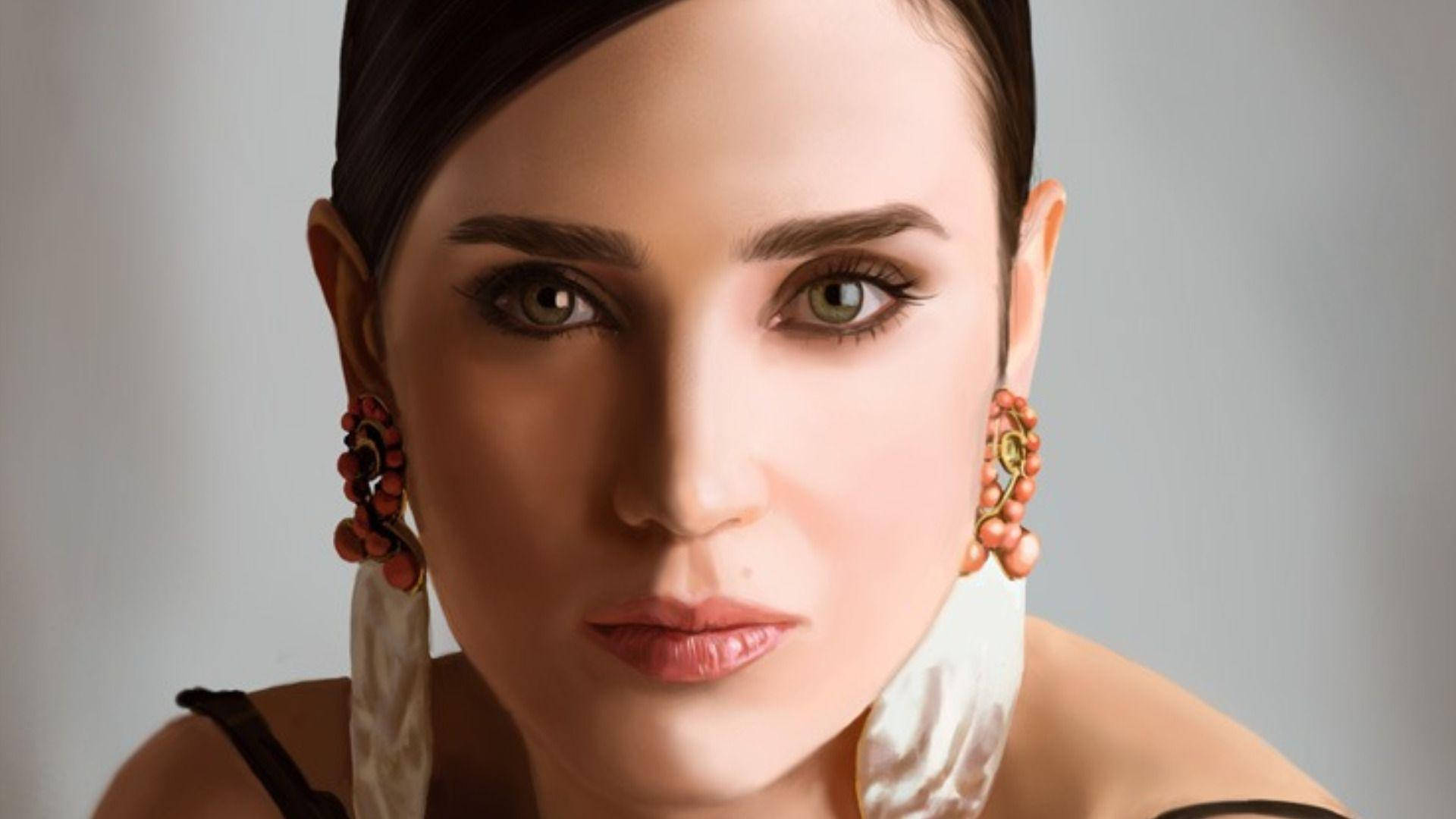 Jennifer Connelly, ornate coral earrings, dark hair, Full HD Desktop Wallpaper