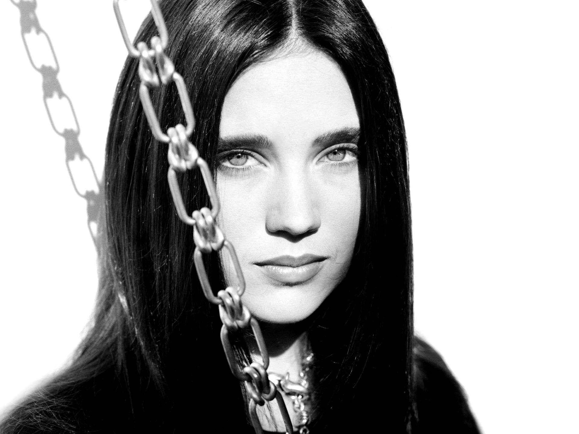 Jennifer Connelly, black and white portrait, long dark hair, Full HD Desktop Wallpaper
