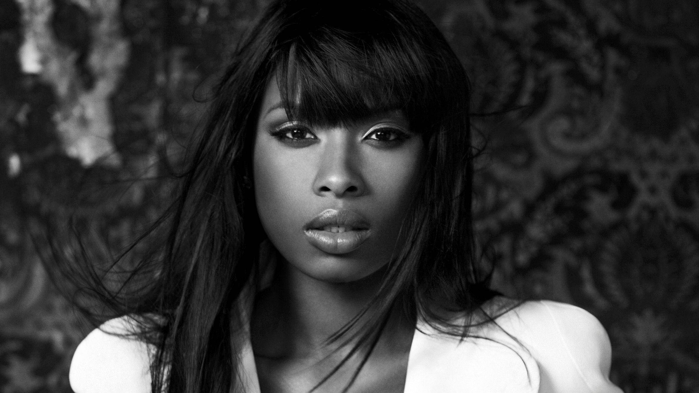 Jennifer Hudson, black and white portrait, long hair, Full HD Desktop Wallpaper