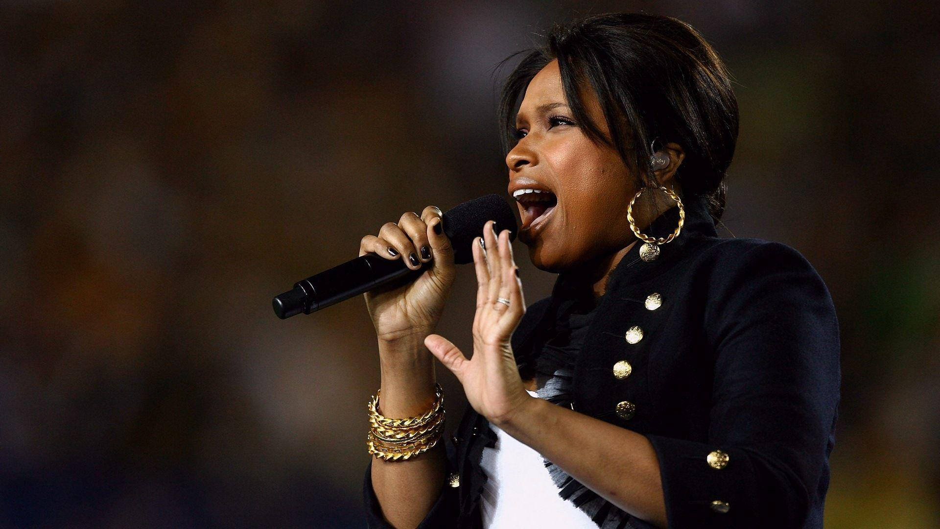 Jennifer Hudson, 2009 Super Bowl, black jacket with gold buttons, Full HD Desktop Wallpaper