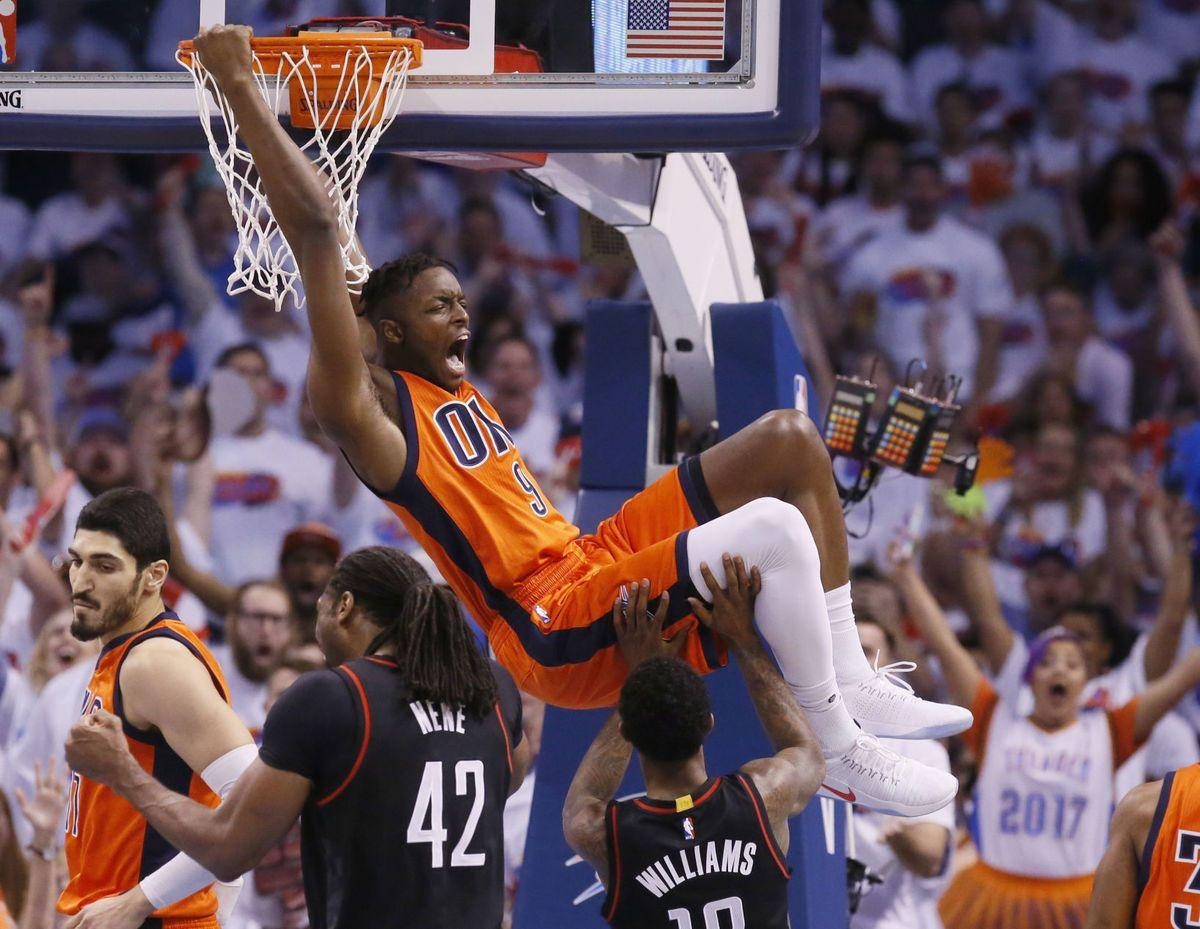 Jerami Grant, orange jersey, rim, SD Desktop Wallpaper