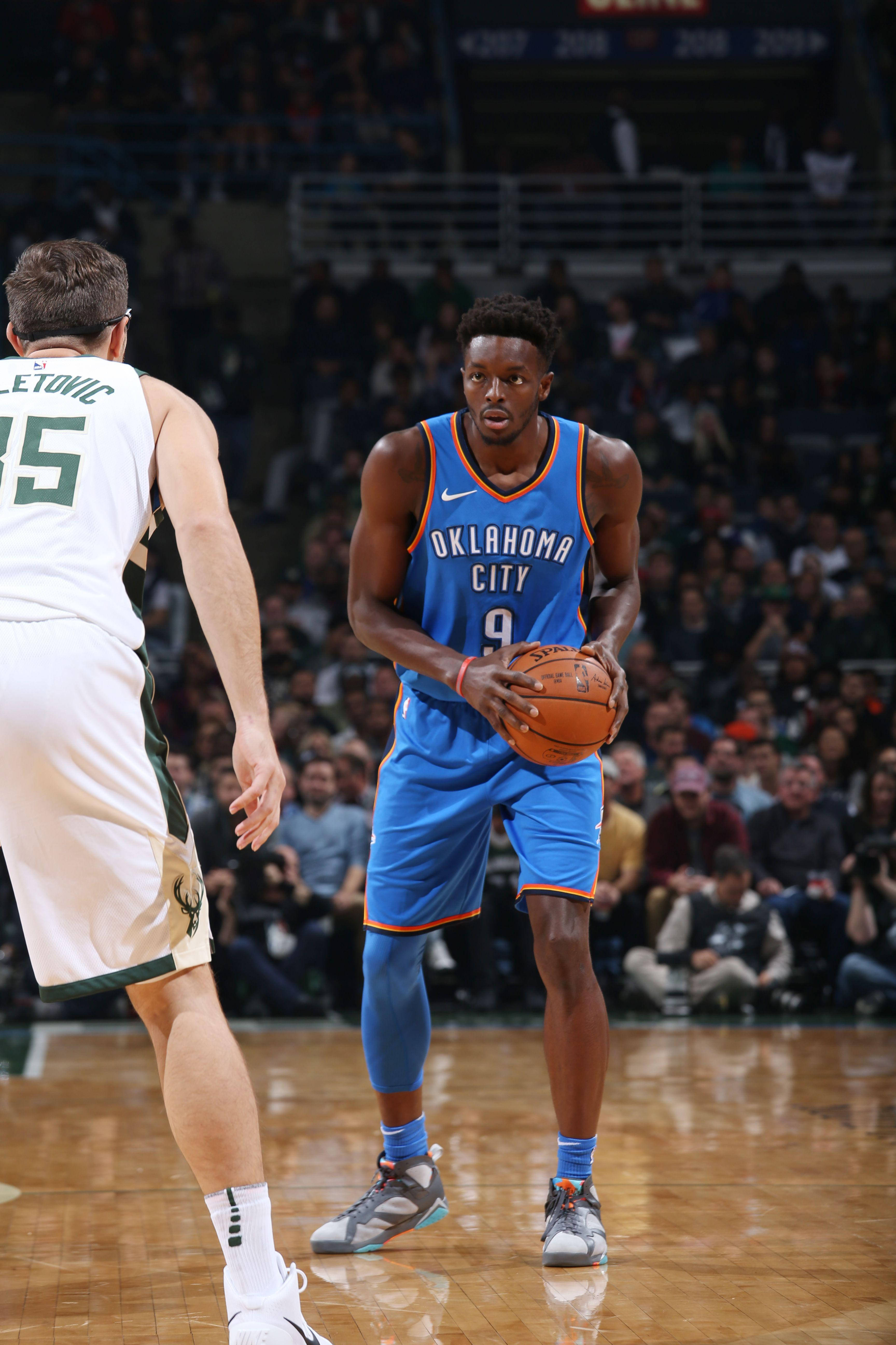 Jerami Grant, blue Oklahoma City jersey, white jersey, 5K Phone Wallpaper