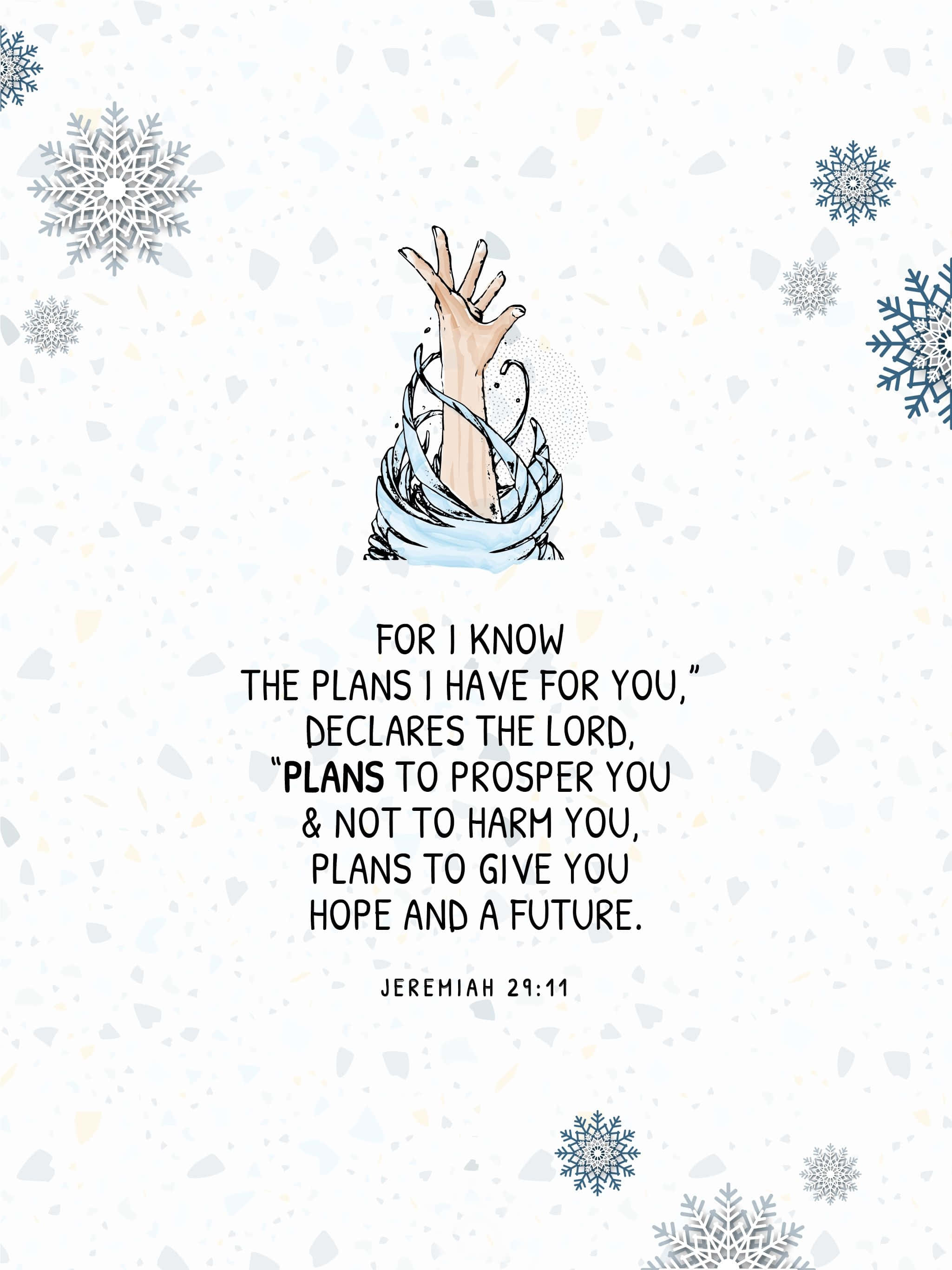 Jeremiah 29:11, icy blue ribbons, speckled white background, 2K Phone Wallpaper
