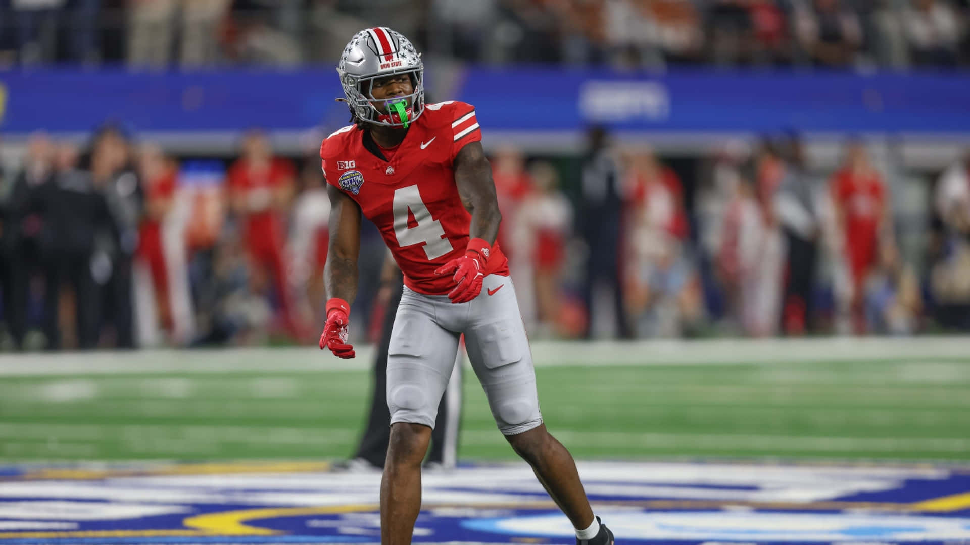 Jeremiah Smith, red jersey number four, silver helmet, Full HD Desktop Wallpaper