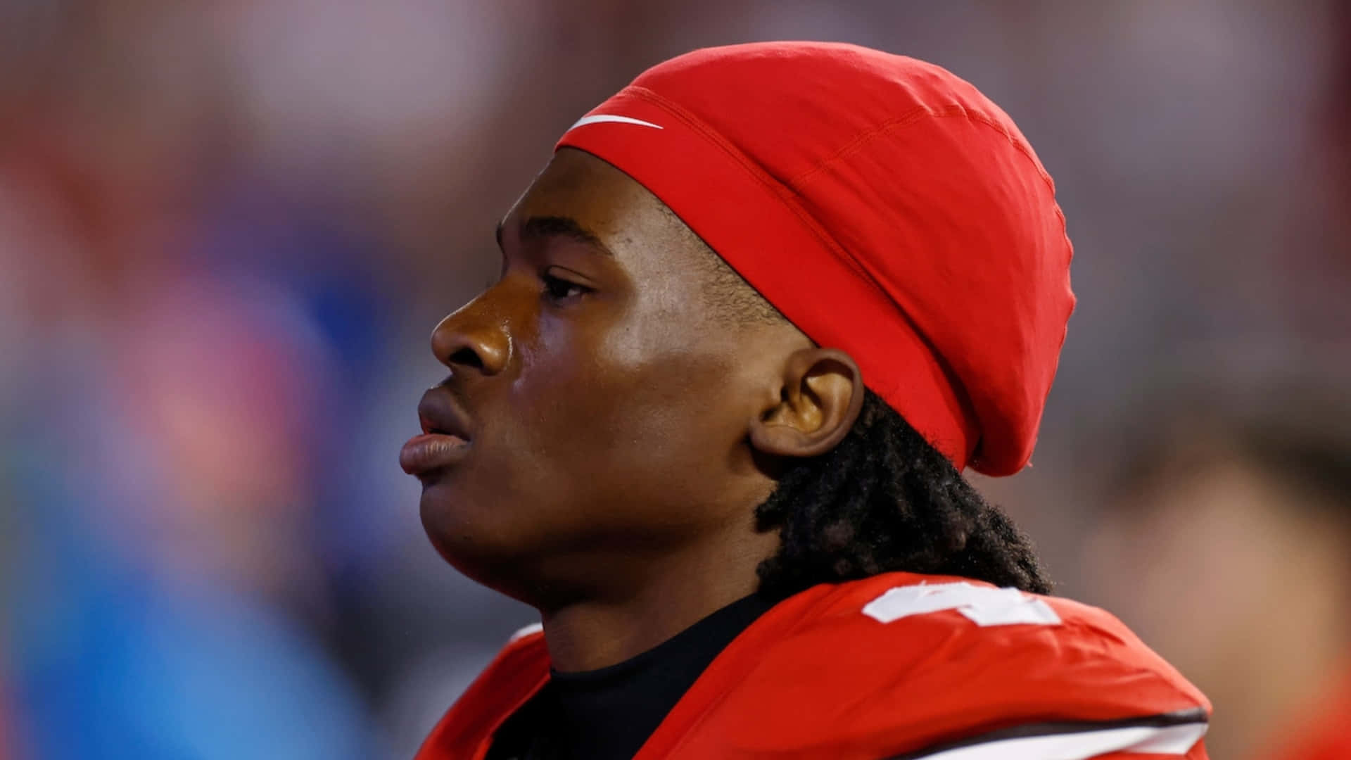 Jeremiah Smith, red helmet, jersey, Full HD Desktop Wallpaper