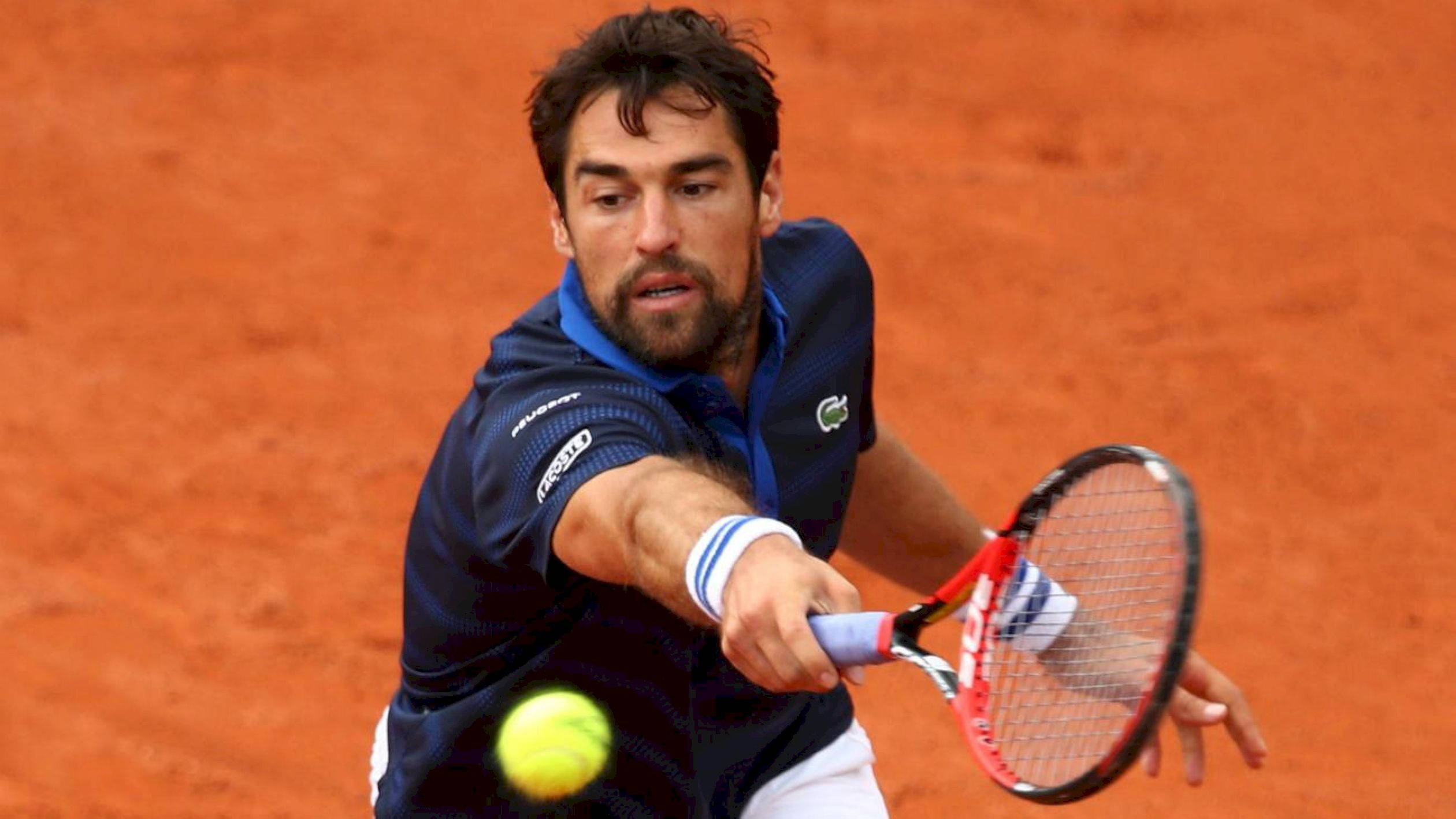 Jeremy Chardy, yellow ball, vibrant orange clay court, Full HD Desktop Wallpaper