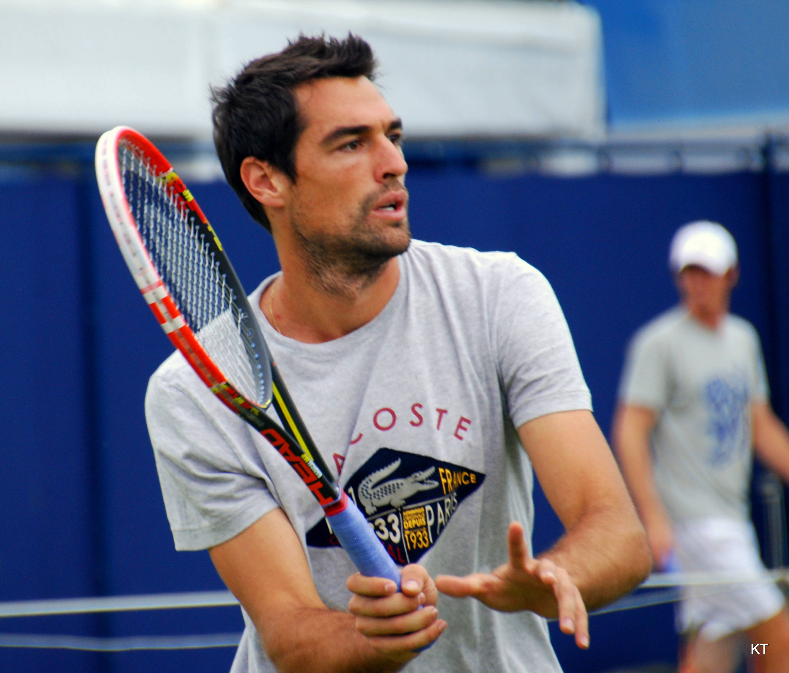 Jeremy Chardy, tennis racket, blue court, 2K Desktop Wallpaper