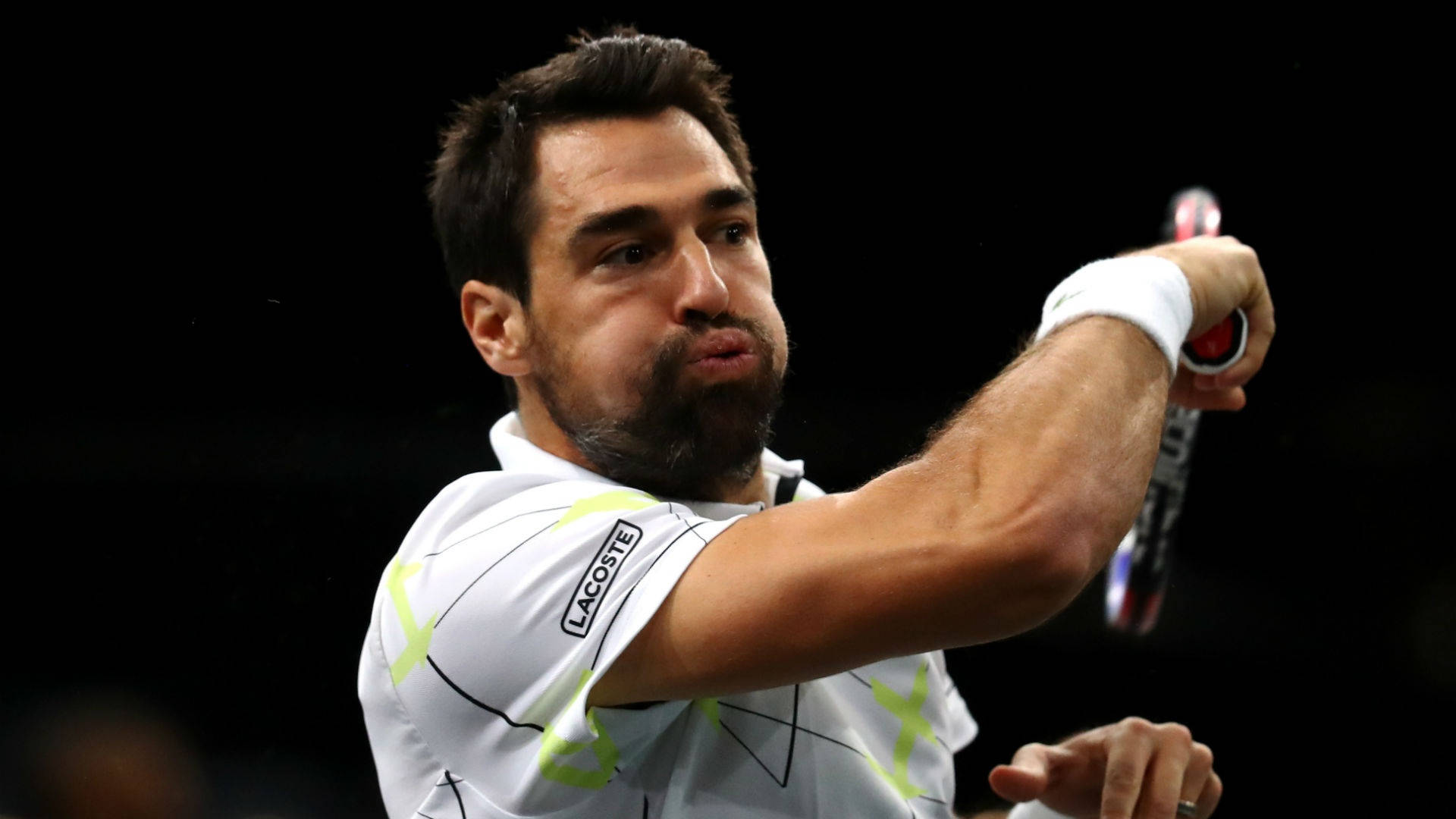 Jeremy Chardy, tennis player, mid-swing, Full HD Desktop Wallpaper
