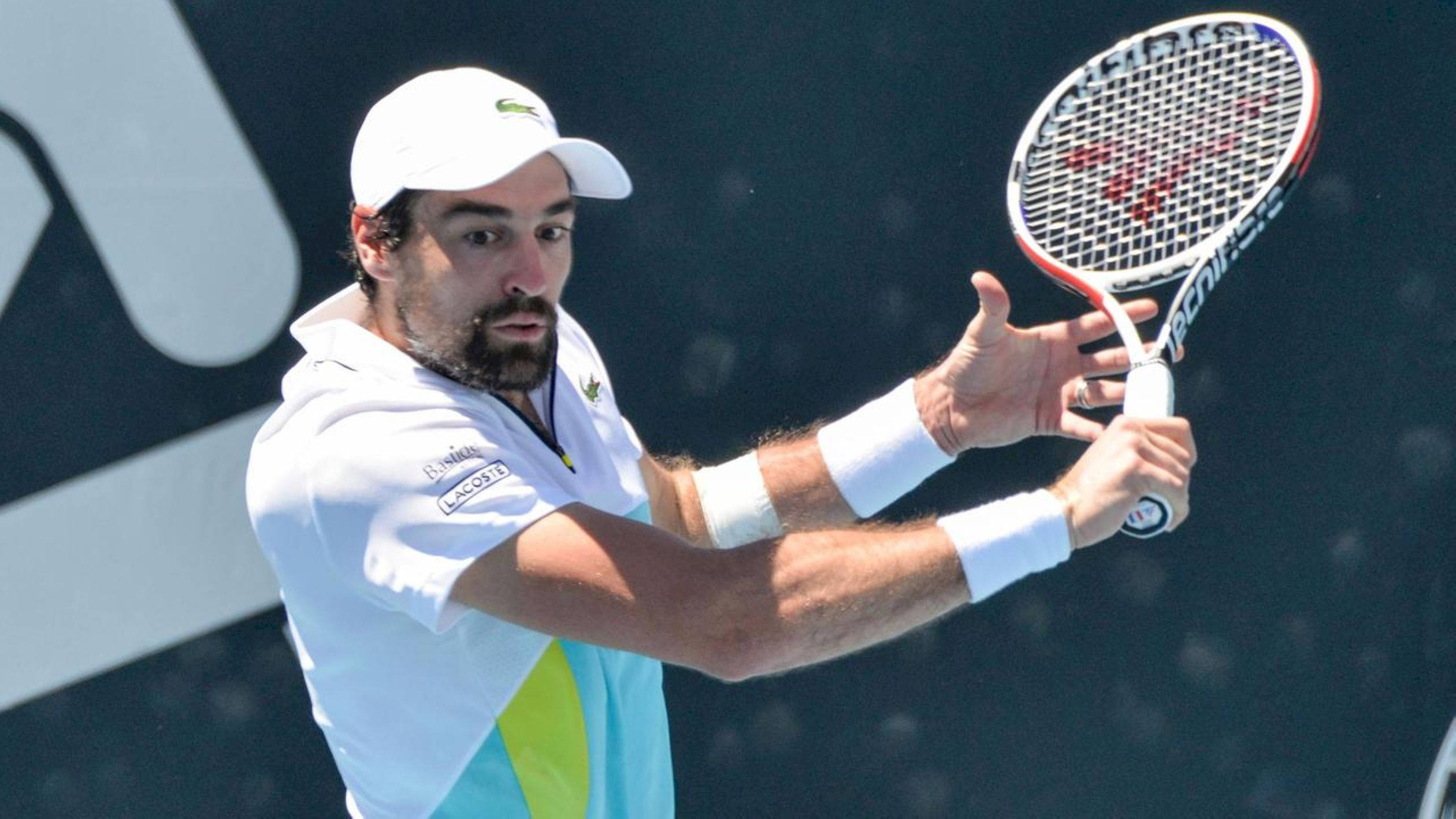 Jeremy Chardy, white gear, red and white racket, Full HD Desktop Wallpaper