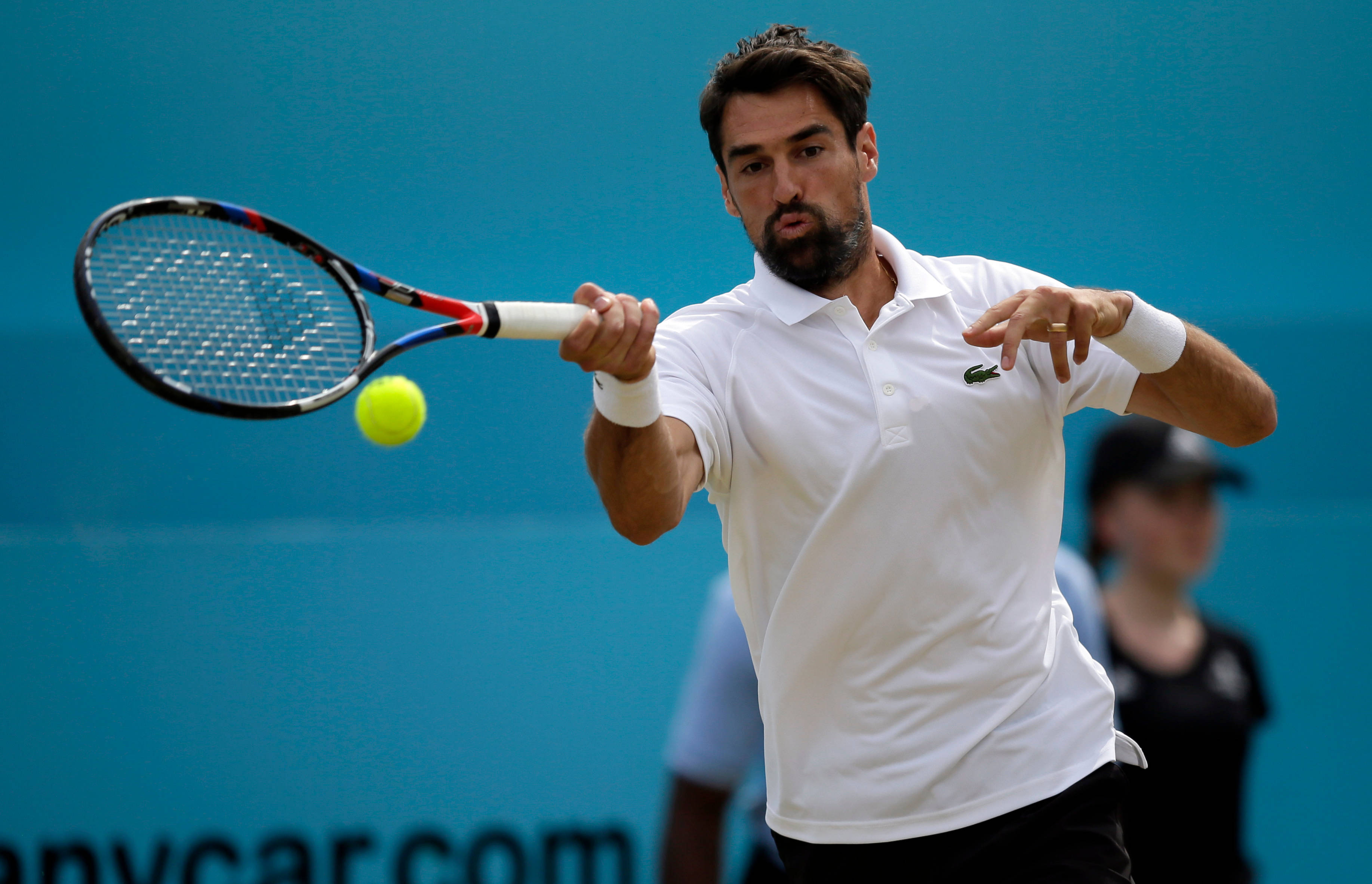 Jeremy Chardy, white polo shirt, bright yellow tennis ball, 2K Desktop Wallpaper