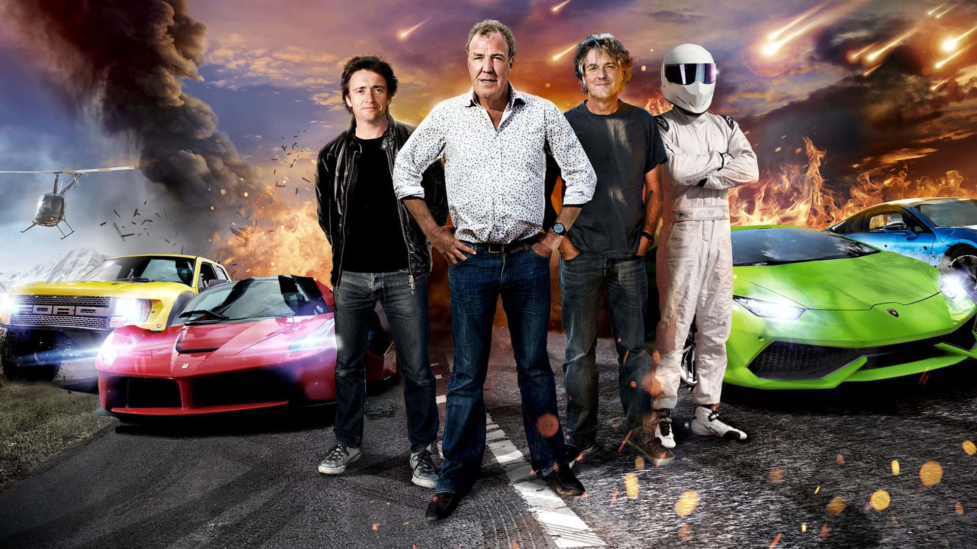 Jeremy Clarkson, sports cars, fiery sky, Full HD Desktop Wallpaper