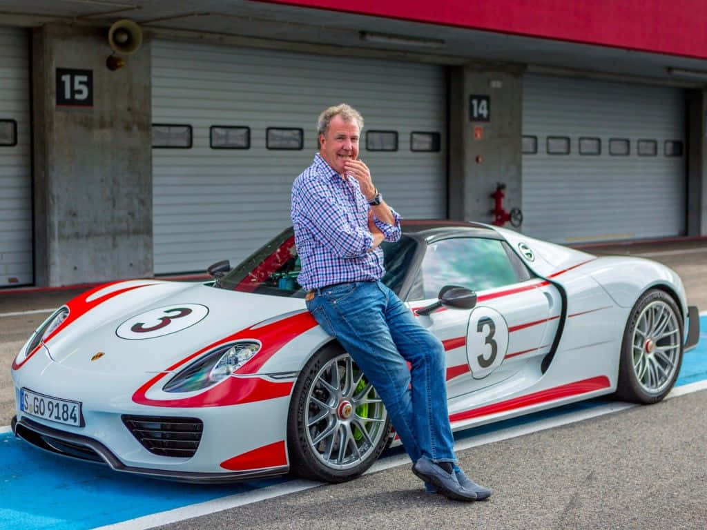 Jeremy Clarkson, checkered shirt, white and red race car, SD Desktop Wallpaper
