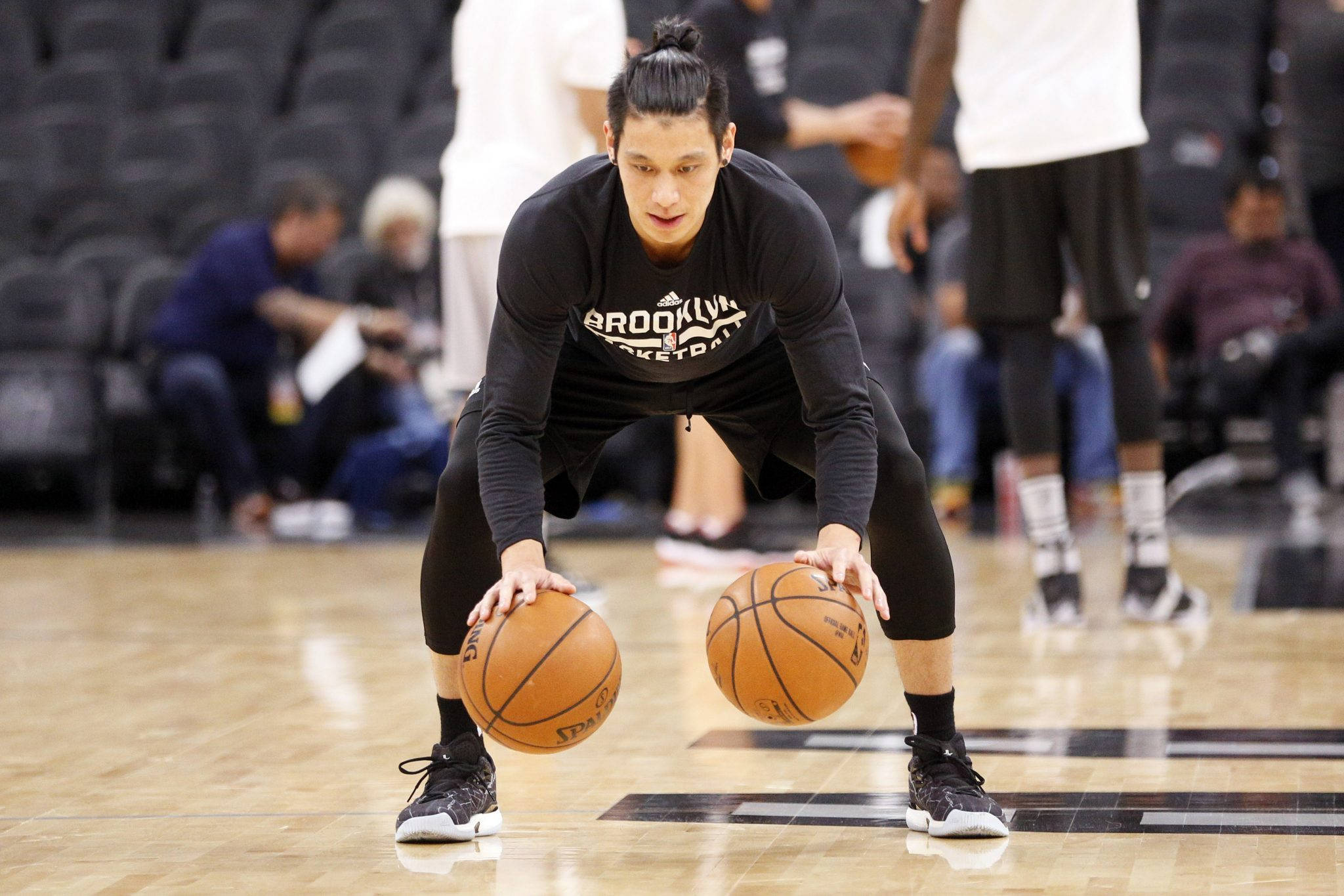 Jeremy Lin, black Brooklyn Nets shirt, two orange basketballs, Full HD Desktop Wallpaper