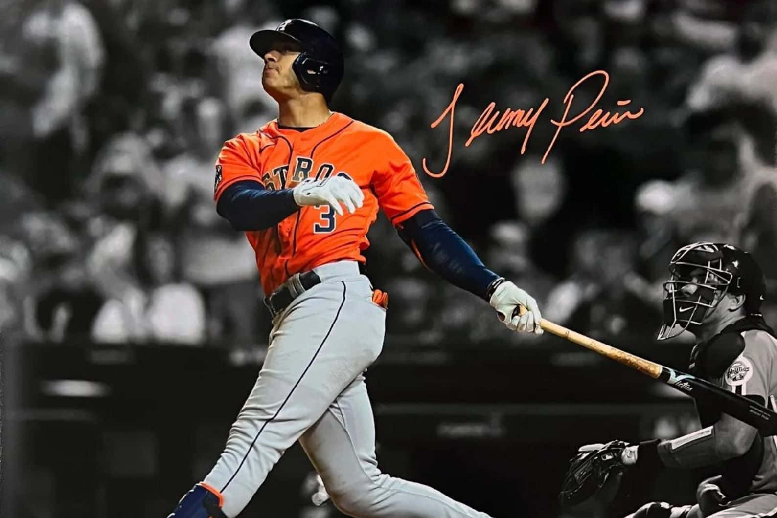 Jeremy Pena, orange Houston Astros jersey, black and white crowd, HD Desktop Wallpaper