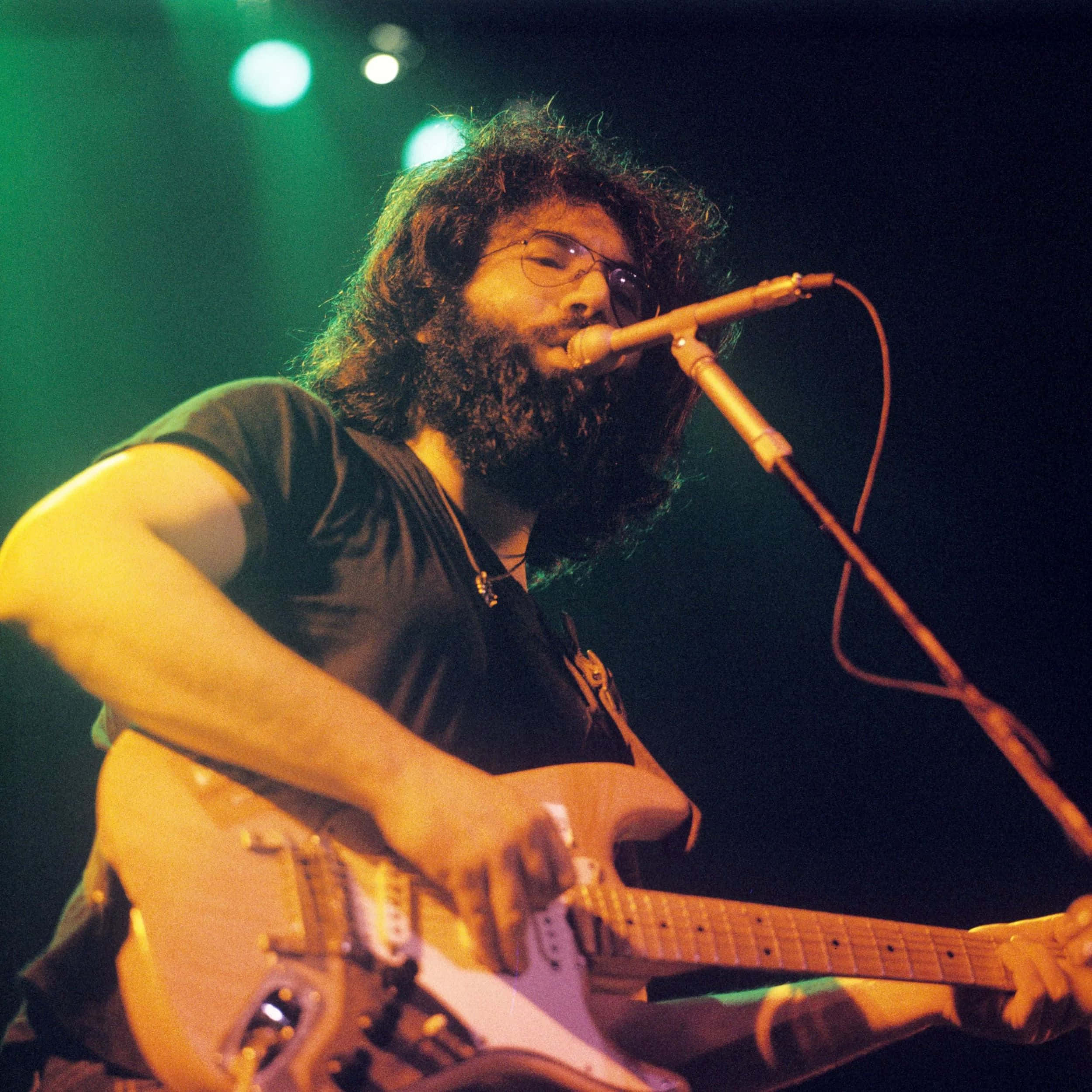 Jerry Garcia, light-colored electric guitar, green stage lights, Full HD Desktop Wallpaper